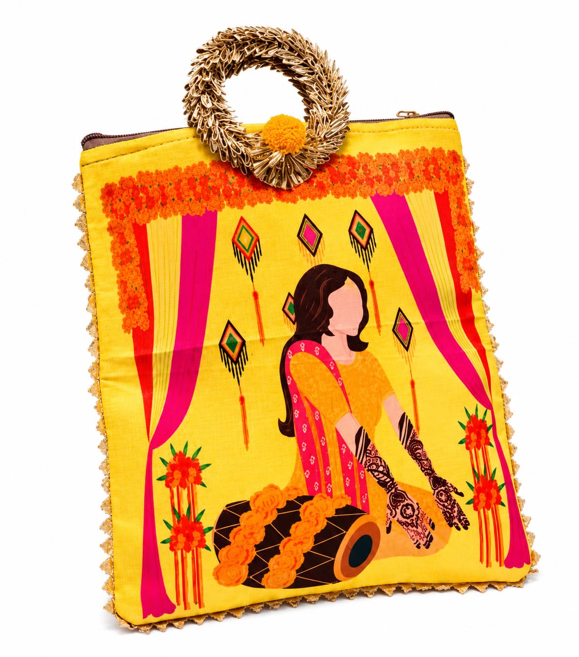 Printed Mehendi Ceremony Handbag with Golden Embellished Handle | Multicolour Fabric Bag with Zip Closure | Wedding Return Gift for Bridesmaids (Pack of 1)-image-33