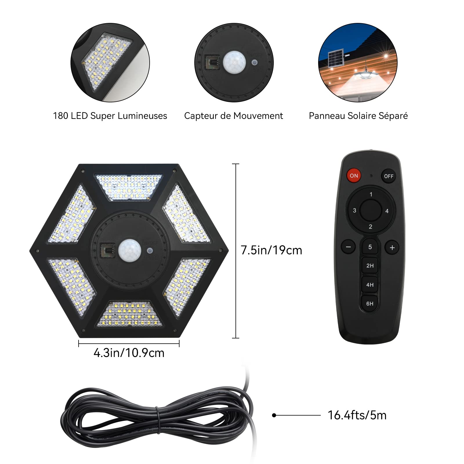 AGPTEK 180 LED Lampe Solaire Extérieur 1400LM 360° Angle d'Éclairage avec Télécommande Détecteur de Mouvement Étanche pour Jardin Garage Balcon