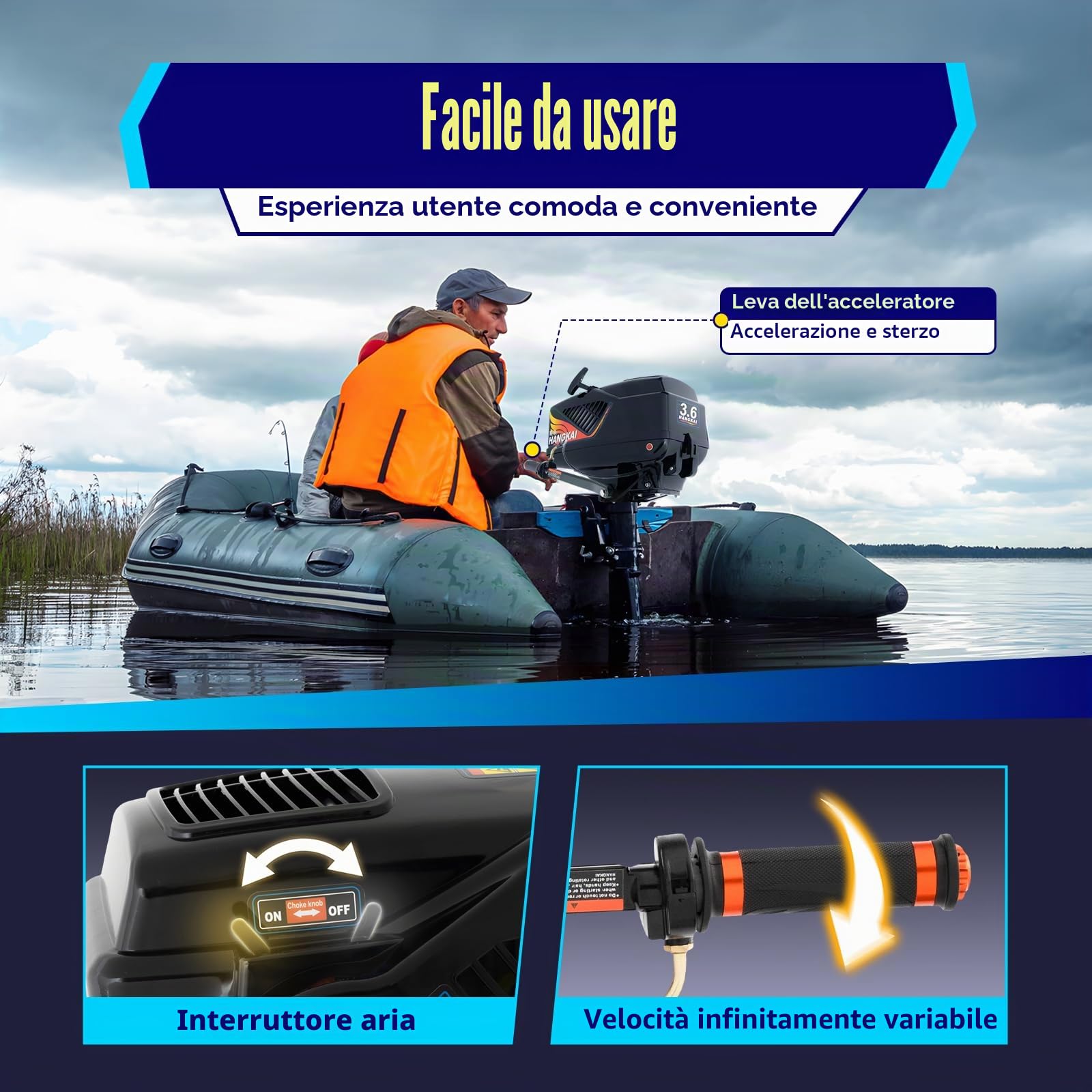 Motore Fuoribordo a Benzina 2 Tempi da 3,6 CV | Raffreddato ad acqua | Sistema di accensione CDI | Leggero e durevole | Per barche da pesca e motoscafi