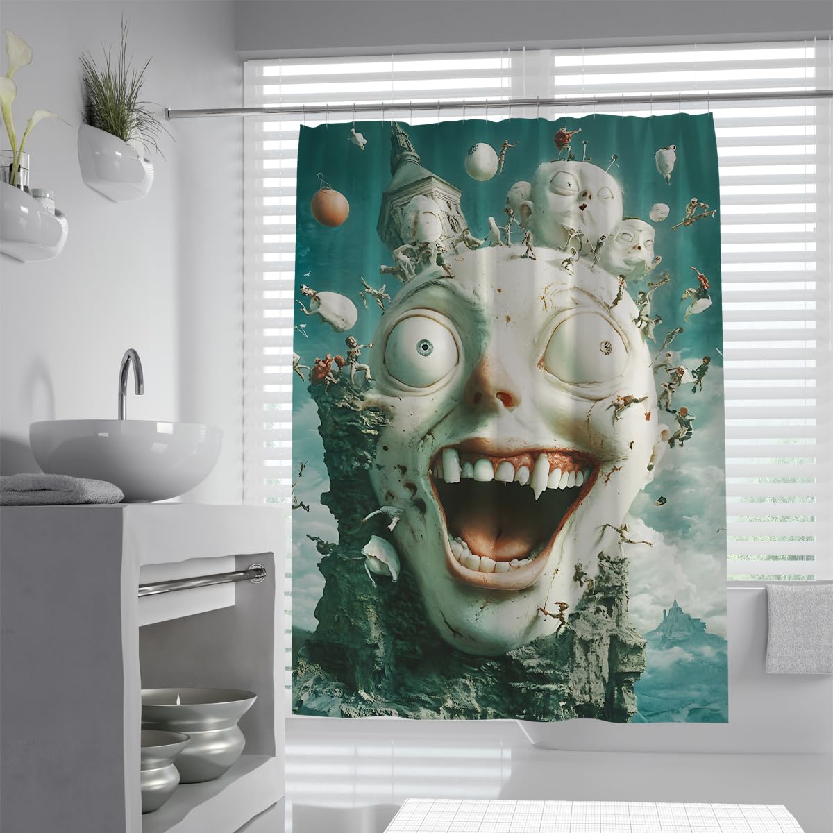 UIRINGART Surrealist Monster Shower Curtain W90xL180cm Scary Funny Creature Landscape Fabric Bath Decor Rustproof Grommets Washable Bathtub Curtains with Hooks