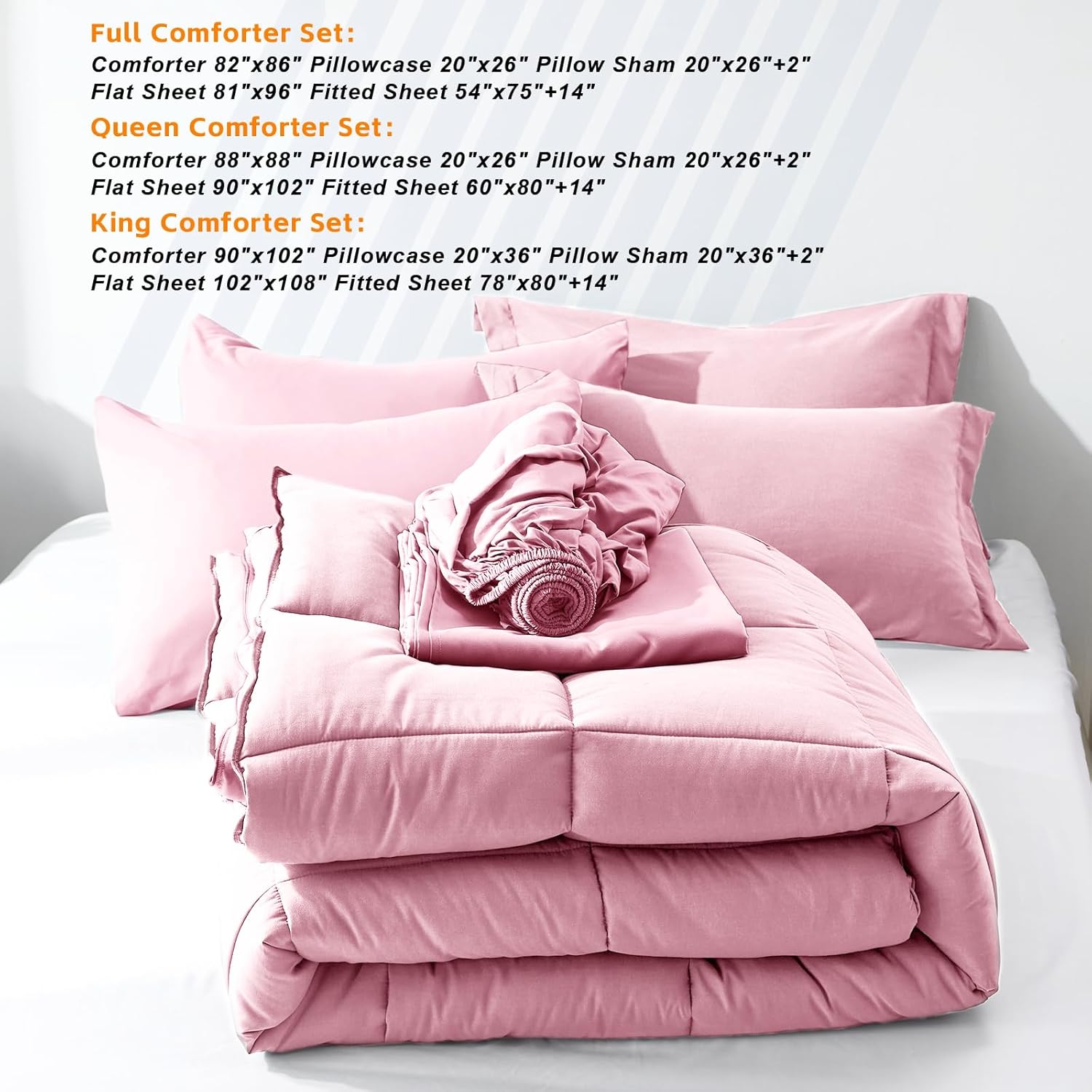 COZYART Queen Comforter Set 7 Pcs, Pink Bed in a Bag, All Season Lightweight Soft Reversible Bedding Set, 1 Comforter, 1 Flat Sheet, 1 Fitted Sheet, 2 Pillow Shams, 2 Pillowcases