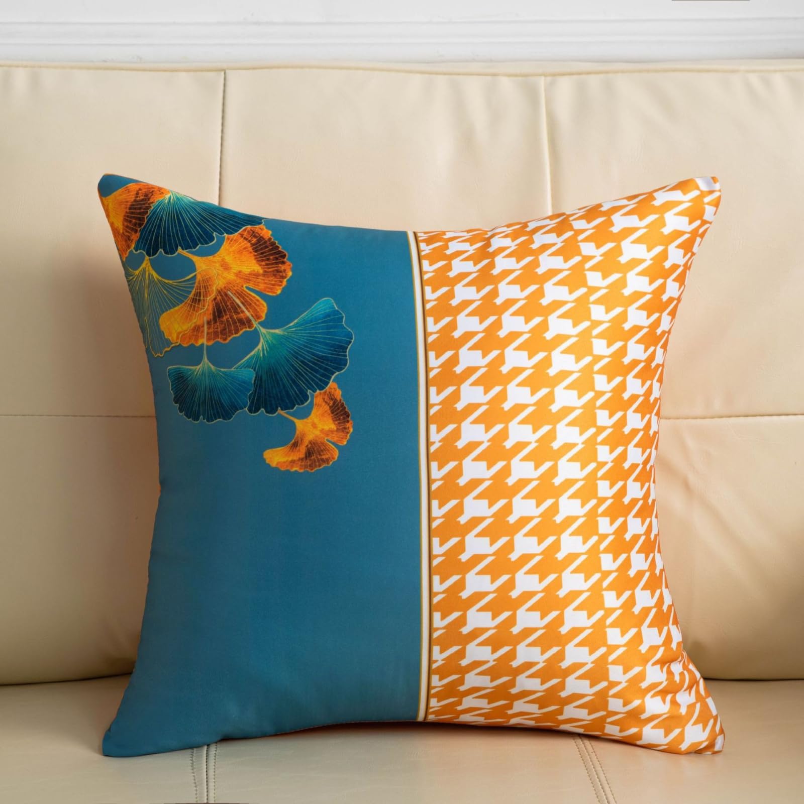 Kissenbezug Wäsche Orangeblaue Blätter 65x65 CM Reißverschluss verstecken | Kissenbezüge Dekokissen Outdoor Kissenbezug Pillow Cover für Sofa Schlafzimmer Auto Kissenhülle Breathable Cushion Covers