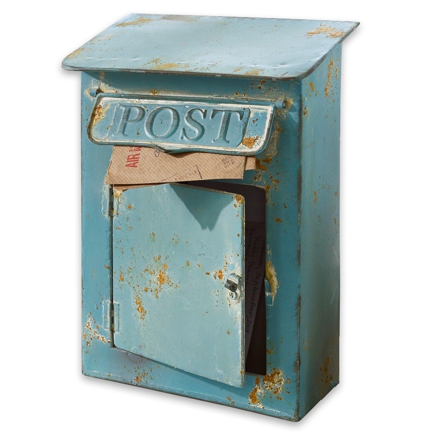 Loberon Boîte Postale Boîte aux Lettres décorative - avec Porte et Rabat - Métal à l’Effet Vieilli, Bleu Vieilli
