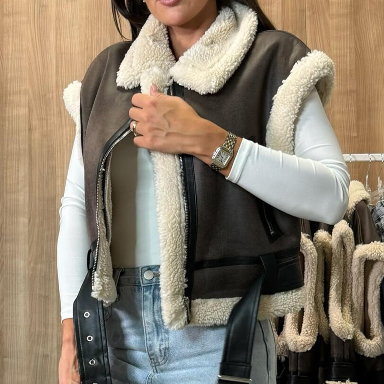 Generisch Ärmellose Weste Damen Kurz Lederjacke Damen Teddy Winterjacke Warm Bomberjacke Kunstleder Motorrad Jacke Vintage Übergangsjacke Elegant Revers Kunstlederjacke Mit Gürtel Motorradjacke