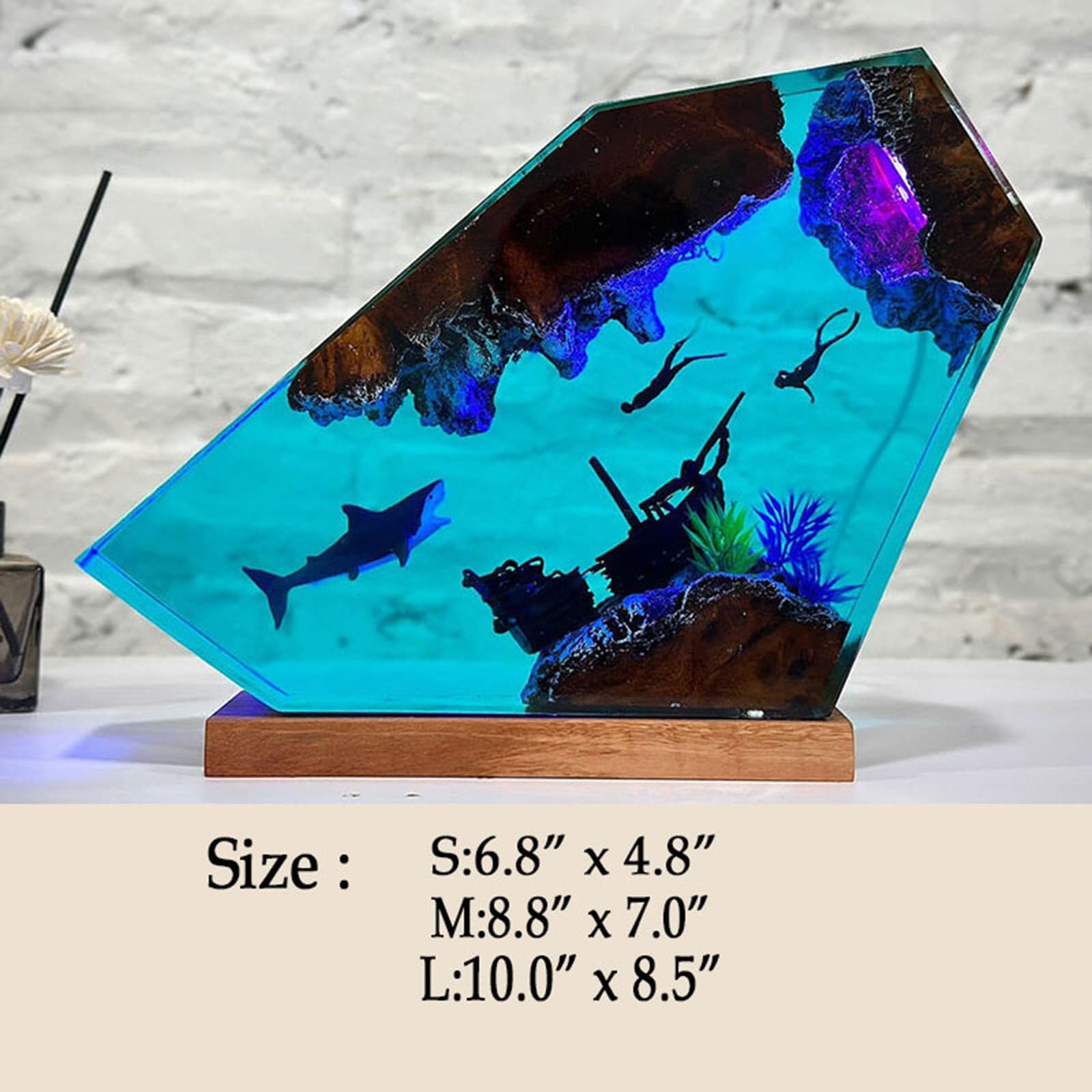 Ocean Creative Epoxy Resin Wood Light Lamp, Handmade Multi Color Aquatic Ocean Lamp Deep Sea Diver Cave Diving Enthusiasts Led Night Light Desktop Decor Christmas Birthday Gift (Dragon, S): White Shark Small