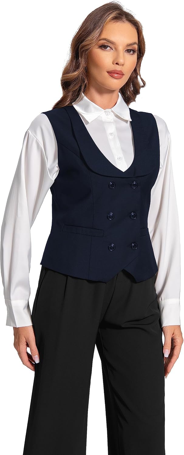 Foucome Double Breasted Waistcoat for Women - Dressy Lapel Collar Vest Top