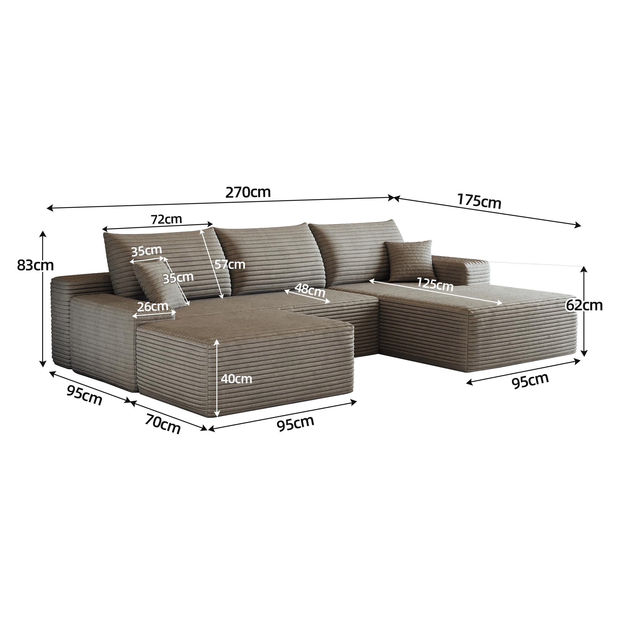 Sapgaks Canapé d'angle Convertible modulaire sans Cadre 270cm,canapé 3 Places avec méridienne à Gauche,Pouf,canapé Convertible en Velours côtelé,Assise Profonde,sans Montage,Camel