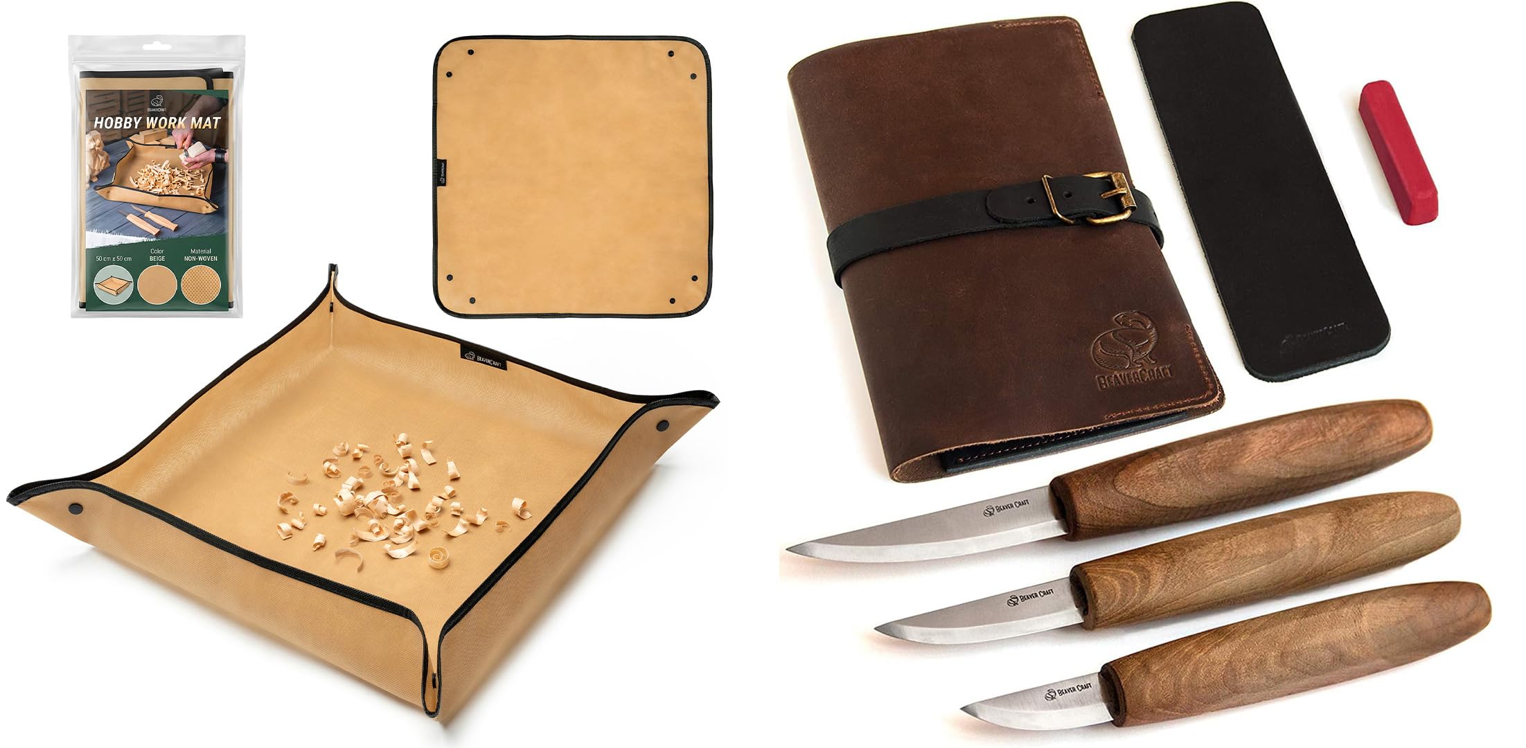 BeaverCraft Deluxe Holzschnitzset S19x mit Arbeitsmatte MS – 3 Profi-Schnitzmesser in Leder-Werkzeugrolle mit Lederriemen & Polierpaste – Premium Löffelschnitz-Kit mit faltbarer Schnitzmatte