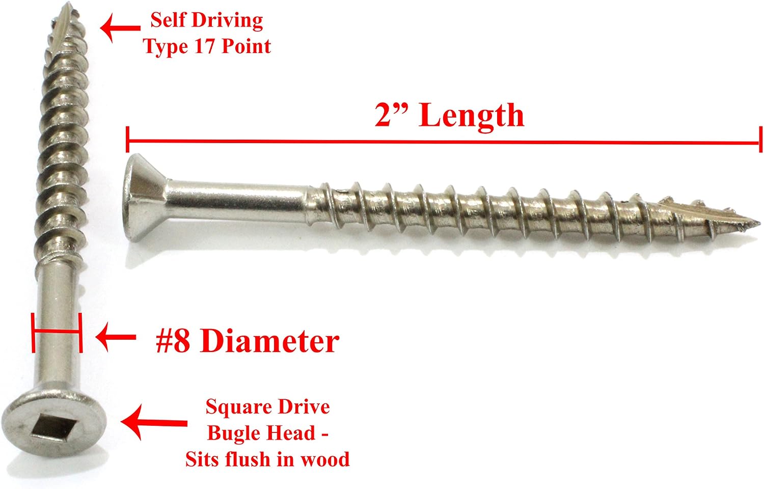 #8 x 2" Stainless Deck Screws, (100 Pack) Square Drive, Type 17 Wood Cutting Point, 18-8 (305) Stainless Steel, Hidden Fasteners Corrosion Resistant, by Bolt Dropper