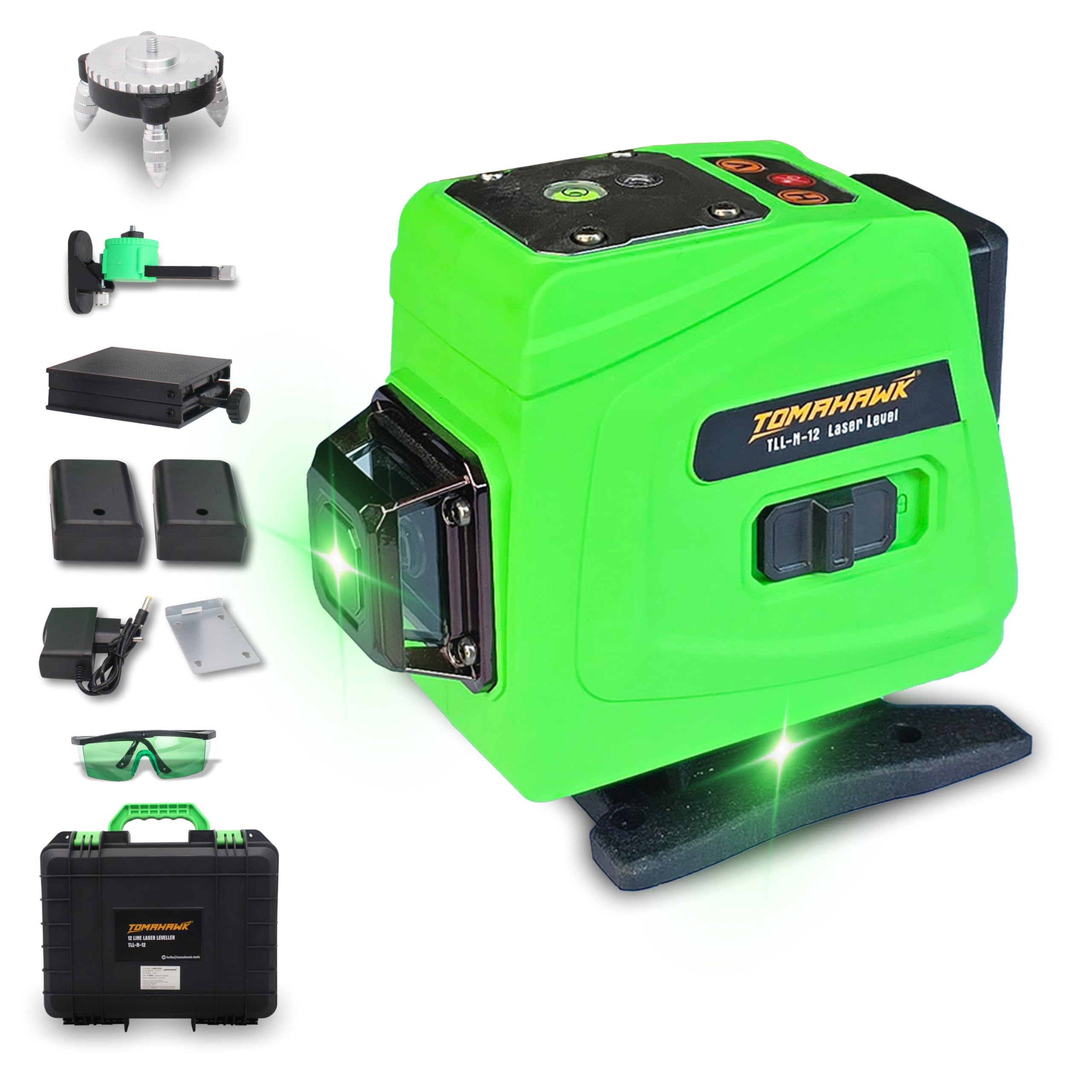 TOMAHAWK® TLL12-N 12 Lines Green Laser Level Pro - 25m, 4x360° 4D Green Cross Self-Leveling Professional Laser Line for Construction with Two 360° Vertical/Horizontal Laser Level
