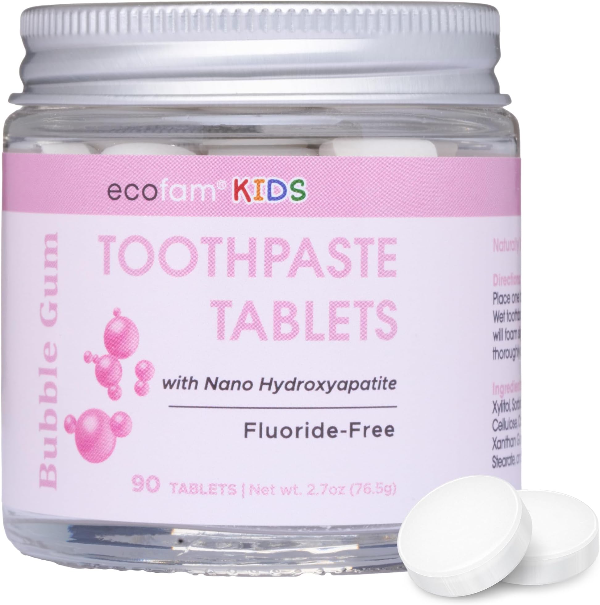 Ecofam Kids Toothpaste Chewable Tablets - 90 Natural Xylitol Tabs - Zero Waste Glass Jar - Travel Friendly - Fluoride-Free - with Nano Hydroxyapatite -Vegan - Made in The USA (Bubble Gum)