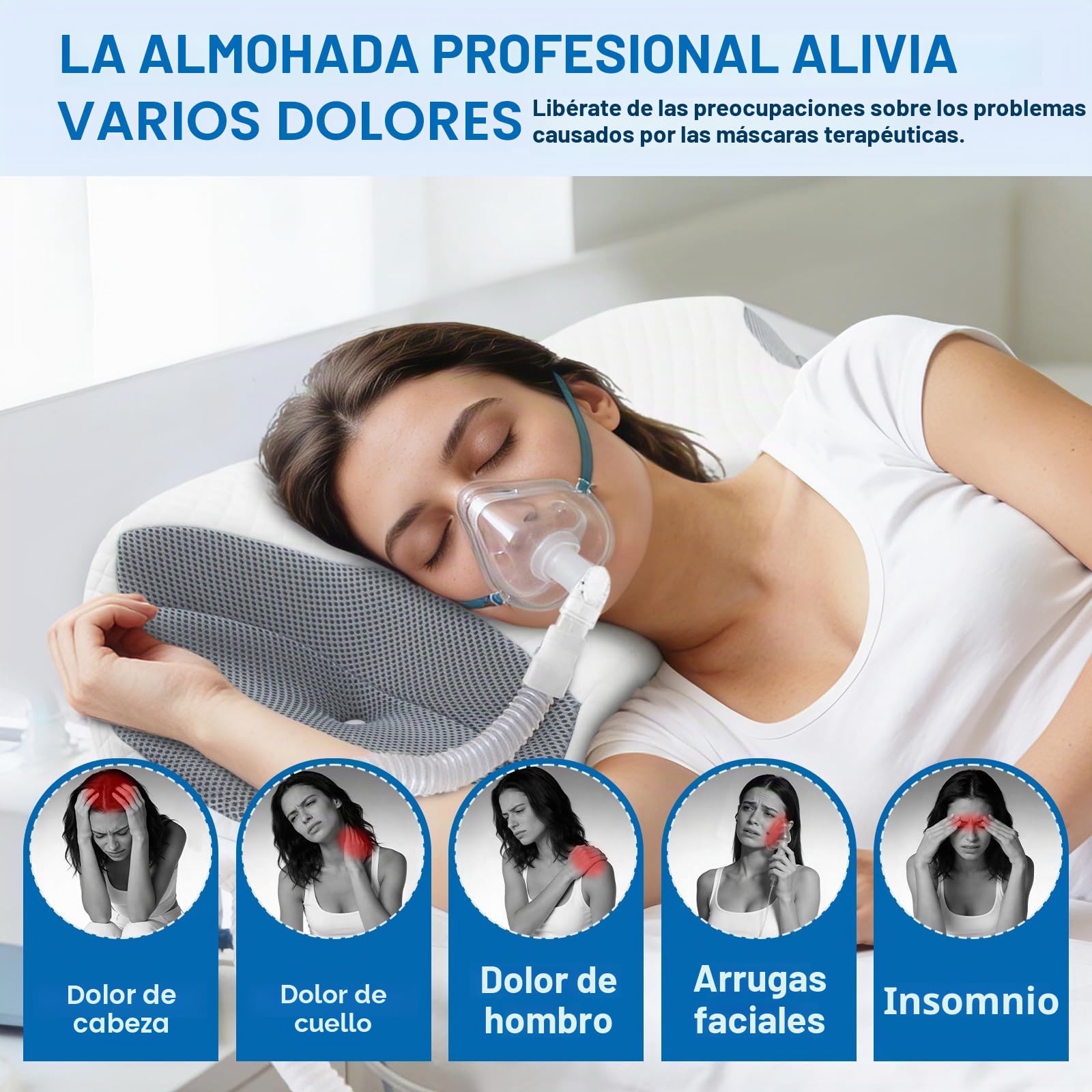 Almohada CPAP para Dormidores de Lado, Gris, 70x40x10/12.5cm | Reduce Fugas de Aire y Presión de la Máscara, Almohada de Memory Foam Premium para Máscaras CPAP, para Todas Posiciones