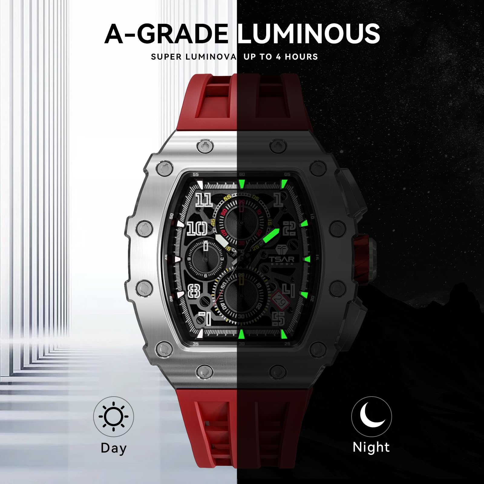 TSAR BOMBA Luxury Watch for Men, 50M Waterproof Mens Watches, Tonneau Watch with Blue Silicone Watch Bands, Japanese Quartz Movement Chronograph, Gifts for Men