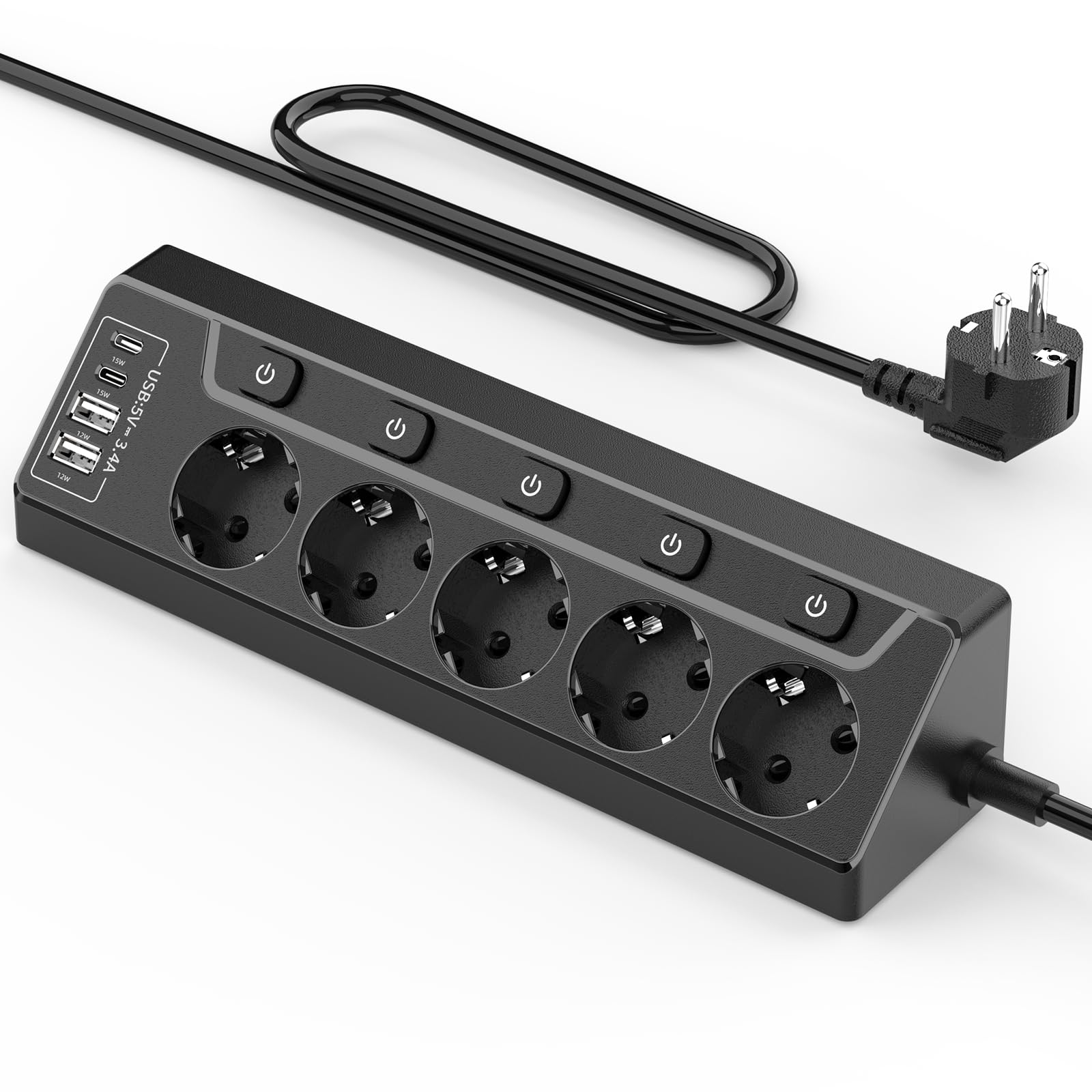 Inhwatek Steckdosenleiste Einzeln Schaltbar Mehrfachsteckdose - Mehrfachsteckdose mit USB, 8-in-1 Power Strips Tischsteckdose mit 2M Kabel, Für Heim & Büro, 16A, 3680W