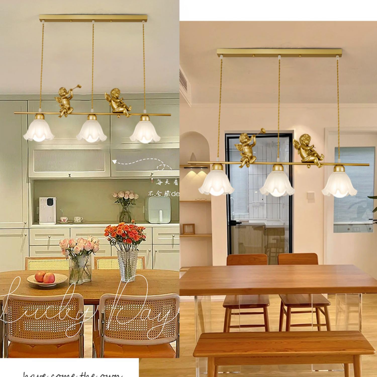 Lampada a Sospensione lineare a 3 luci per Isola Cucina, Angelo Dorato, Stile Moderno di metà secolo, Vetro opalino, Lampada Industriale a Sospensione, lampadario a Fiori per tavol