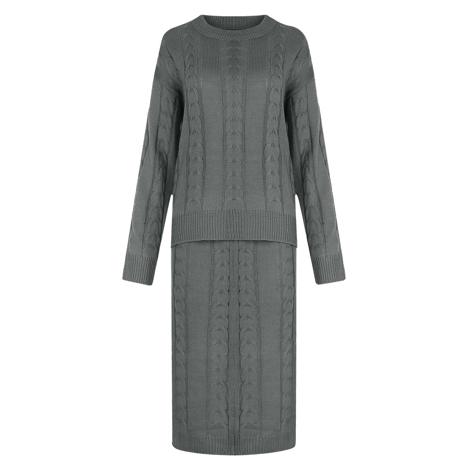 Conjunto de suéter para mujer, ropa de punto, vestido de dos piezas, conjunto de manga larga de gran tamaño, conjunto de falda de punto trenzado, 1, gris oscuro, XX-Large