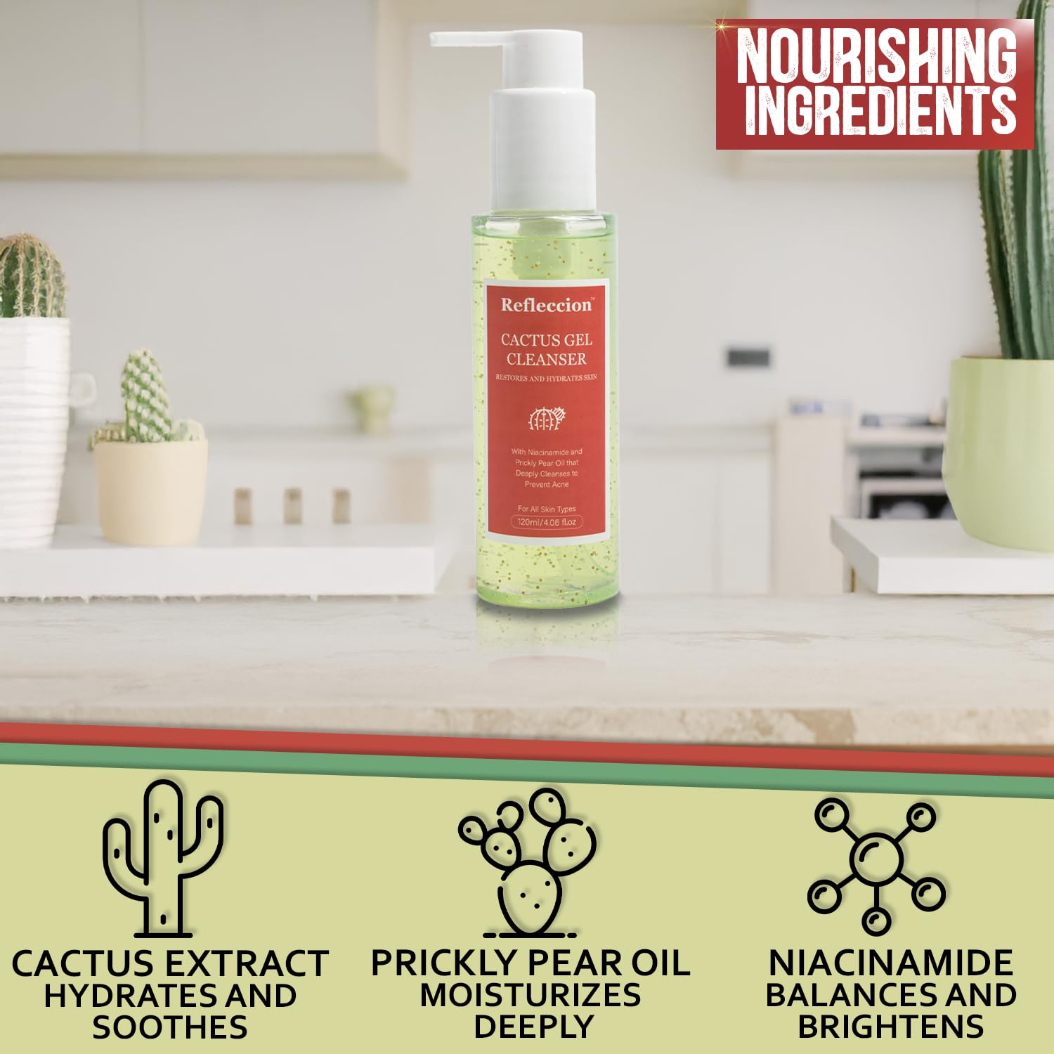Cactus Gel Facial Cleanser-Deeply Hydrating and Nourishing For Sensitive Skin Types-With Hydrating Prickly Pear Oil & Niacinamide-Anti Aging Formula Fights Acne-Tightens Pores. - Image 7