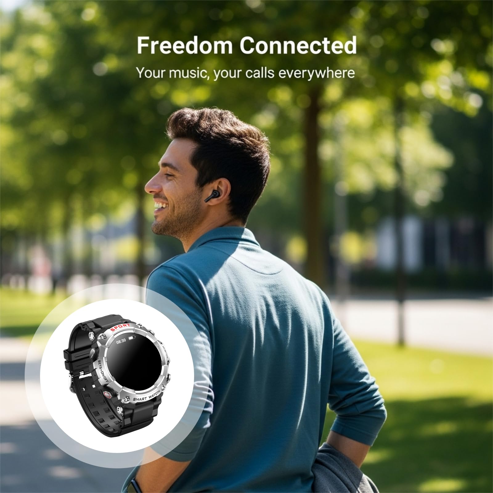 Orologio wireless 2 in 1 con auricolari, 3,86 cm, rotondo, orologio fitness da uomo, impermeabile IP67, orologio intelligente sportivo con musica locale, assistente vocale AI, rispondere alle