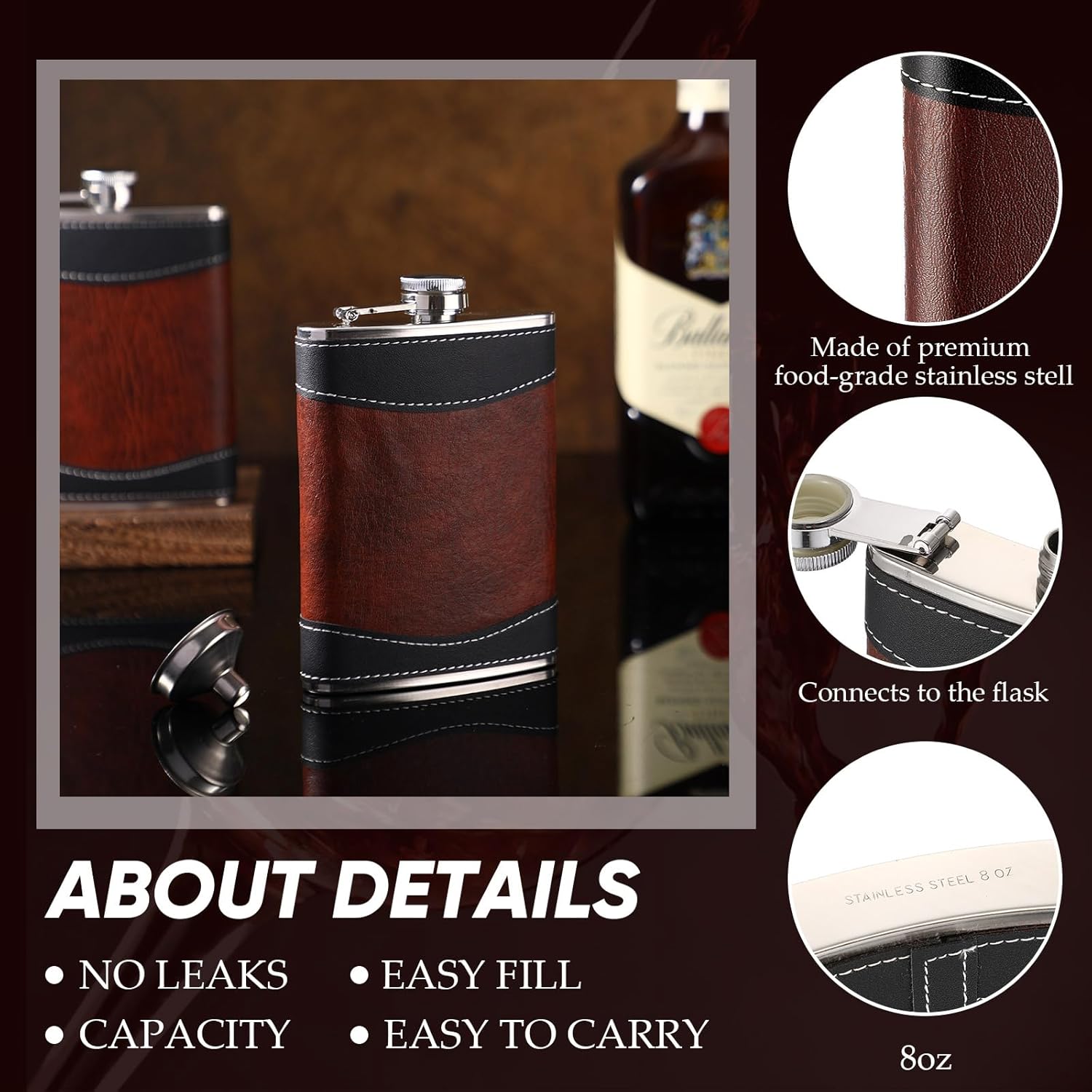 Rtteri 30 Set 8 oz Leather Hip Flasks for Liquor for Men Leak Proof Stainless Steel Drinking Flasks with Funnel Soft Wrap Whiskey Vessels for Wedding Bridesmaid Christmas Gifts (Brown) - Image 4