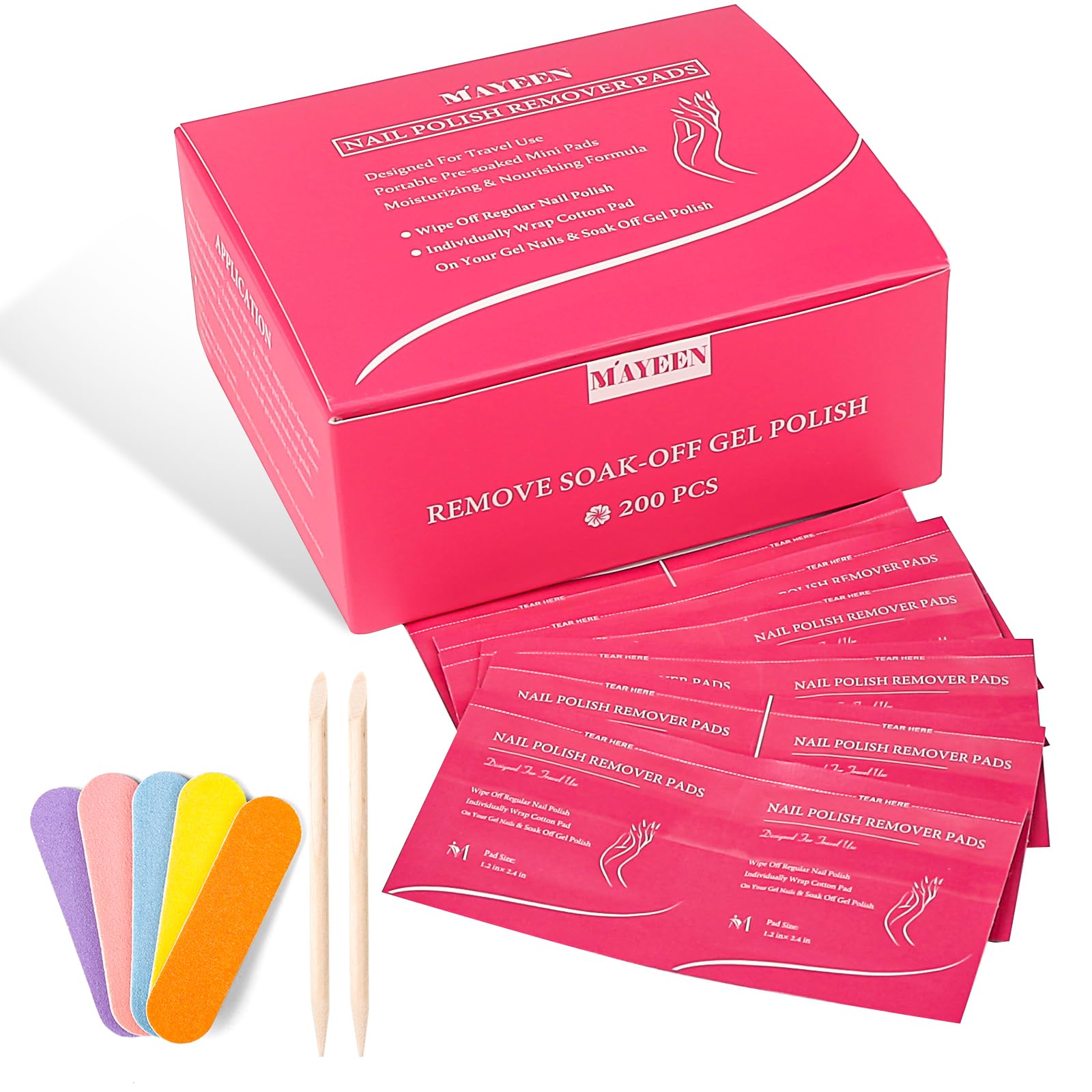 MAYEEN Nail Polish Remover Pads 200 Pack Quickly Remove Nail Polish Wipes Individually Wrapped Acetone Gel Nail Polish Remover Pads For Gel & Acrylic
