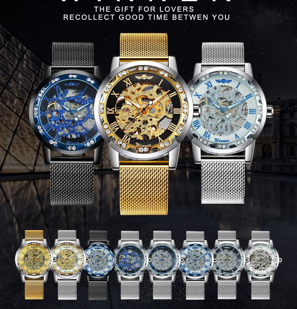 MASTOP Fashion Business Mens Watch Luxury Hollow Dial Rhinestones Ultra-Thin Steel Mesh Belt Mechanical Watches