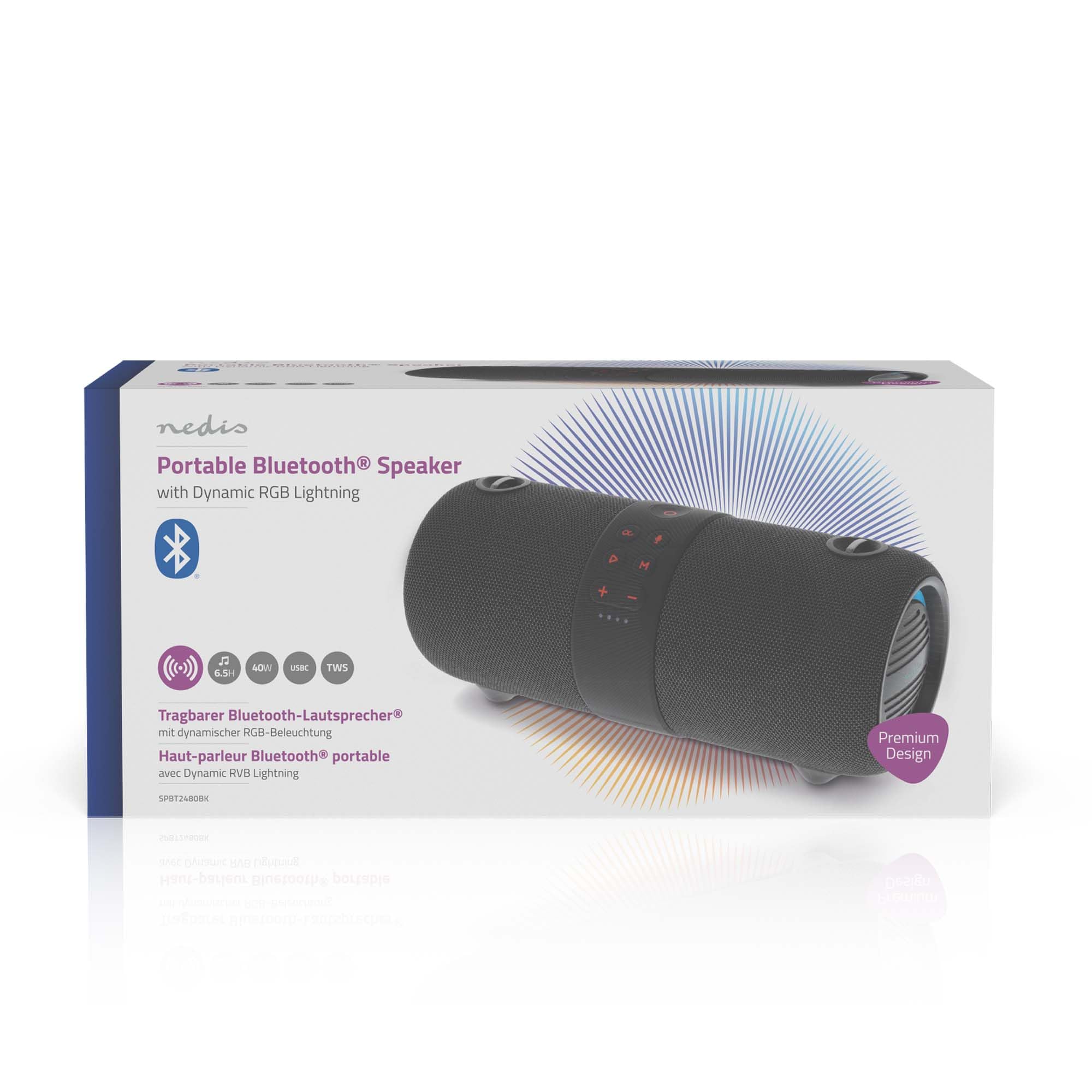 Nedis Altoparlante Bluetooth - Tempo massimo di riproduzione della batteria: 6.5 ore - Dispositivo manuale - 40 W - Stereo - Microfono incorporato - IPX6 - Collegabile - Nero