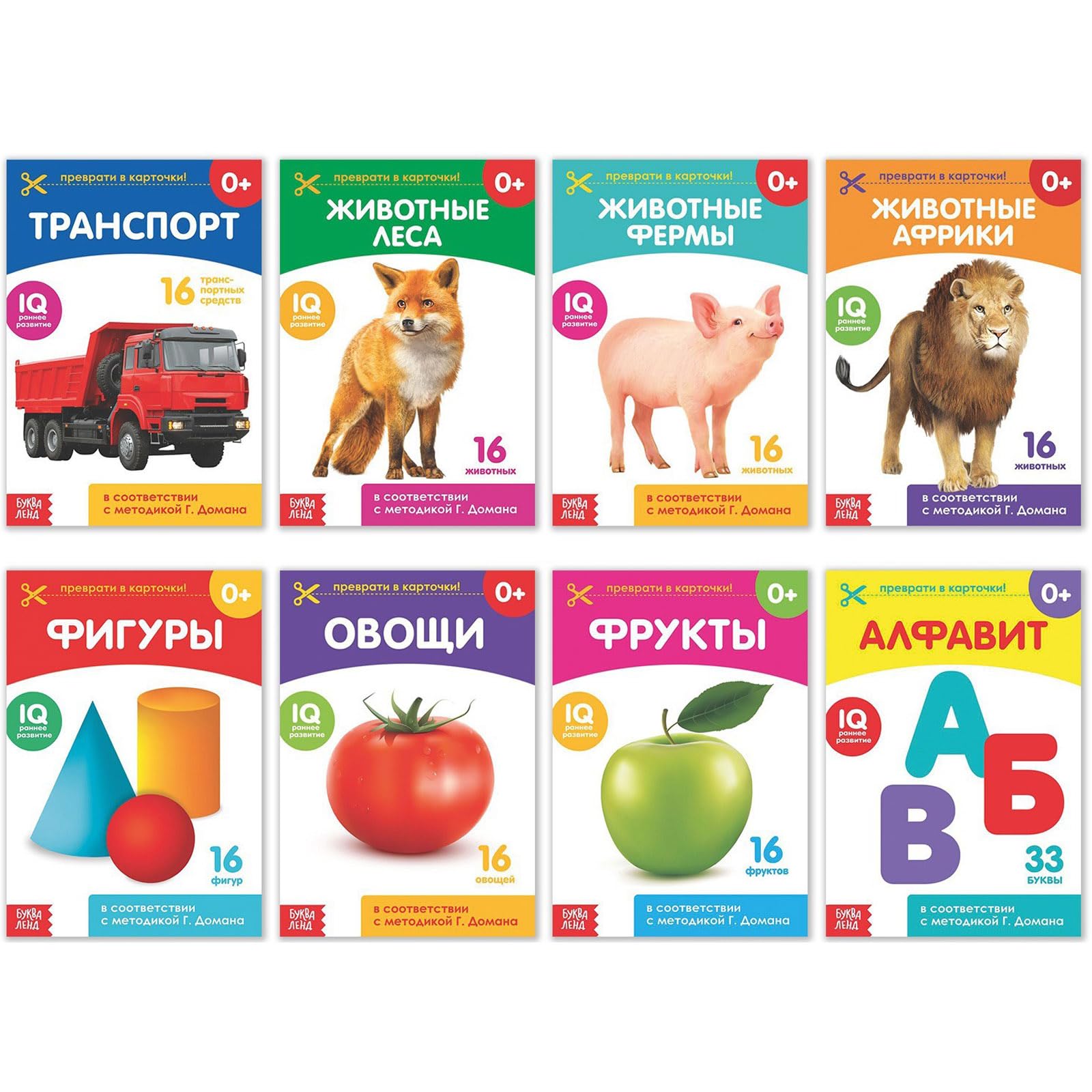 Doman Method Russian Flashcard Book Set for Learning Set - 8 Topics from Farm Animals to Alphabet - Kartochki Domana