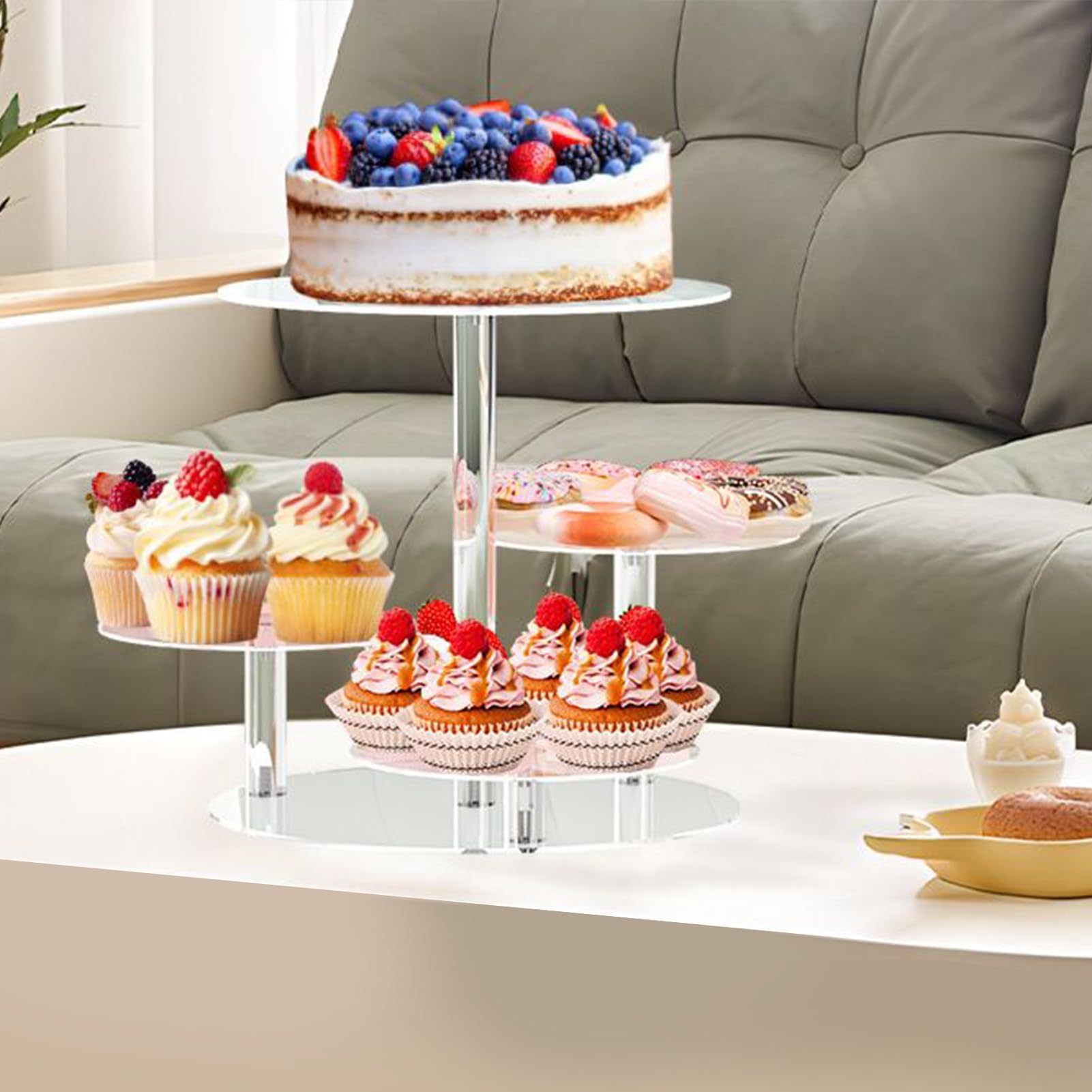 Soporte acrílico para tartas, expositor redondo de postres de 4 niveles, bandeja de servir Slish para aperitivos, pasteles y | Ideal para cumpleaños, bodas, Navidad, fiestas de baby shower