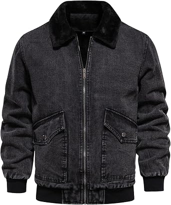 Mens Sherpa-Lined Jean Jacket Long Sleeve Zip Up Denim Jacket Classic Casual Relaxed Fit Coat for Men