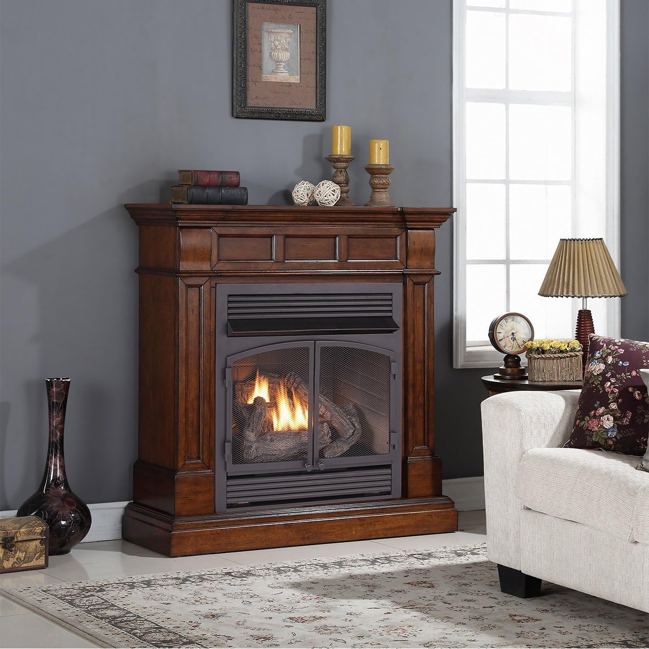 Duluth Forge Dual Fuel Ventless Gas Fireplace with Mantel - 32,000 BTU, Remote Control, Auburn Cherry Finish - Model# DFS-400R-2AC