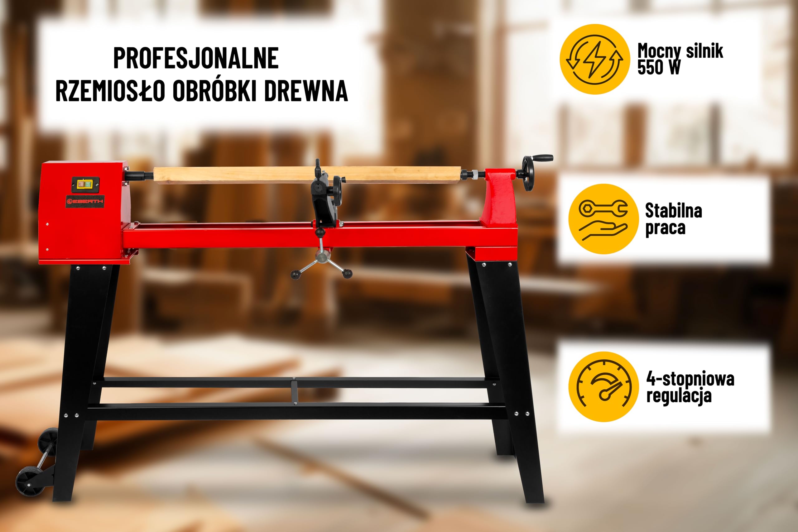 EBERTH Tokarka 550 W do drewna ze stabilną podstawą – rozstaw końcówek 1000 mm, średnica toczenia Ø 350 mm, 4-stopniowy napęd pasowy, stabilna tokarka do drewna