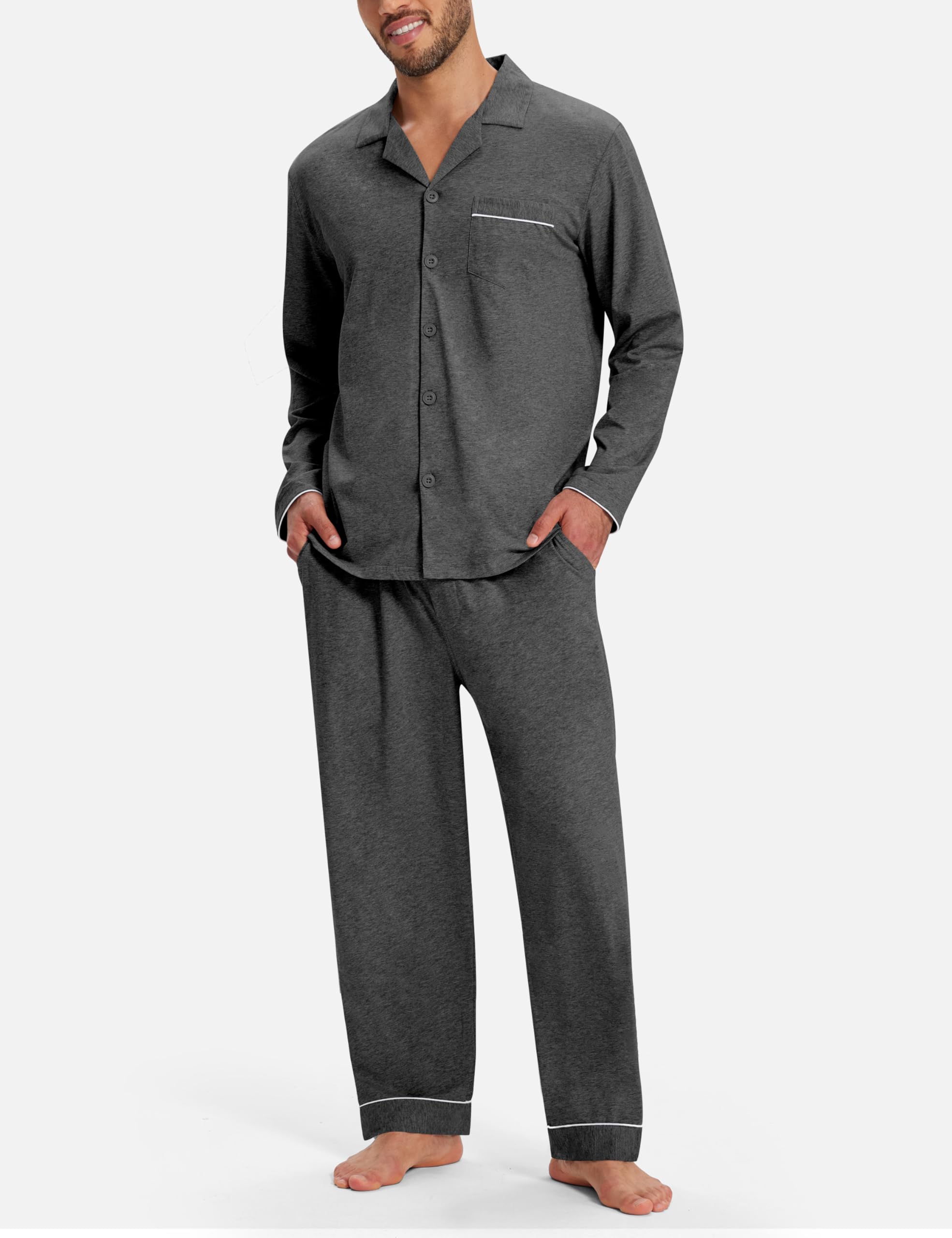 MoFiz Pigiama da uomo lungo, in cotone, con bottoni | Comodo, scollo a V, pigiama da uomo con bottoni, a maniche lunghe, tuta da casa, biancheria da notte, loungewear