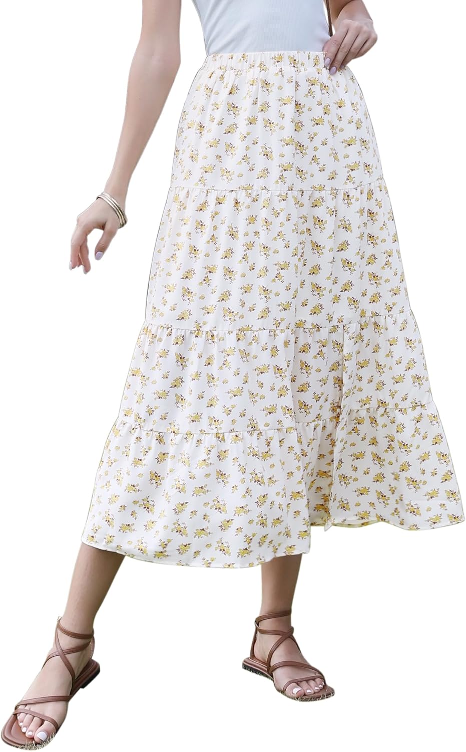 Allegra K Summer Floral Midi Skirt for Women Boho Elastic High Waist Flowy A Line Skirts Trendy 2026