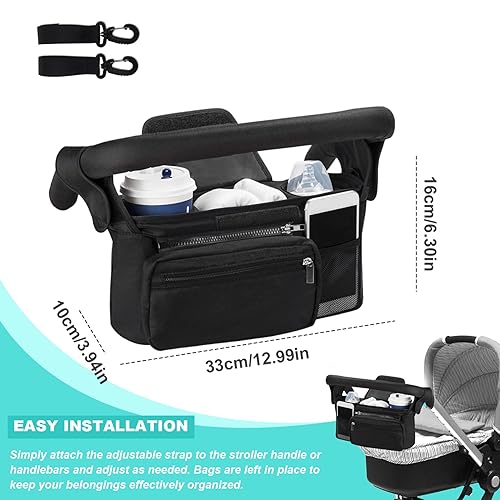 Miniatura 8 de Bolsa organizadora de cochecito de gran capacidad con 2 portabotellas Bolsa de cochecito con desmontable, 2 ganchos y correa adhesiva de sujeción