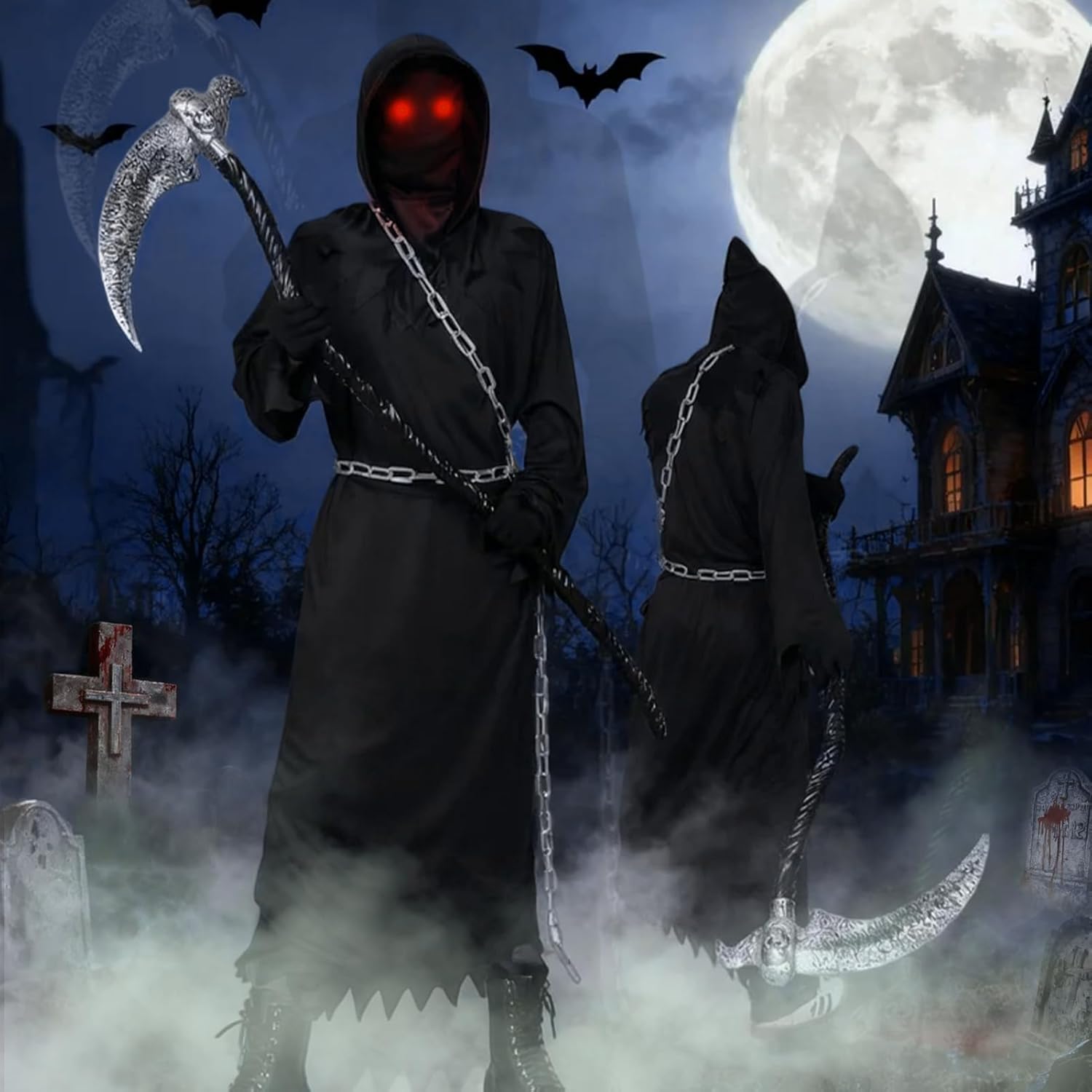 Kicpot Grim Reaper Costume for Kids Boys Adult Halloween Reaper Costume Child 5-14Y Scythe Chain Gloves Robe Glowing Red Eyes