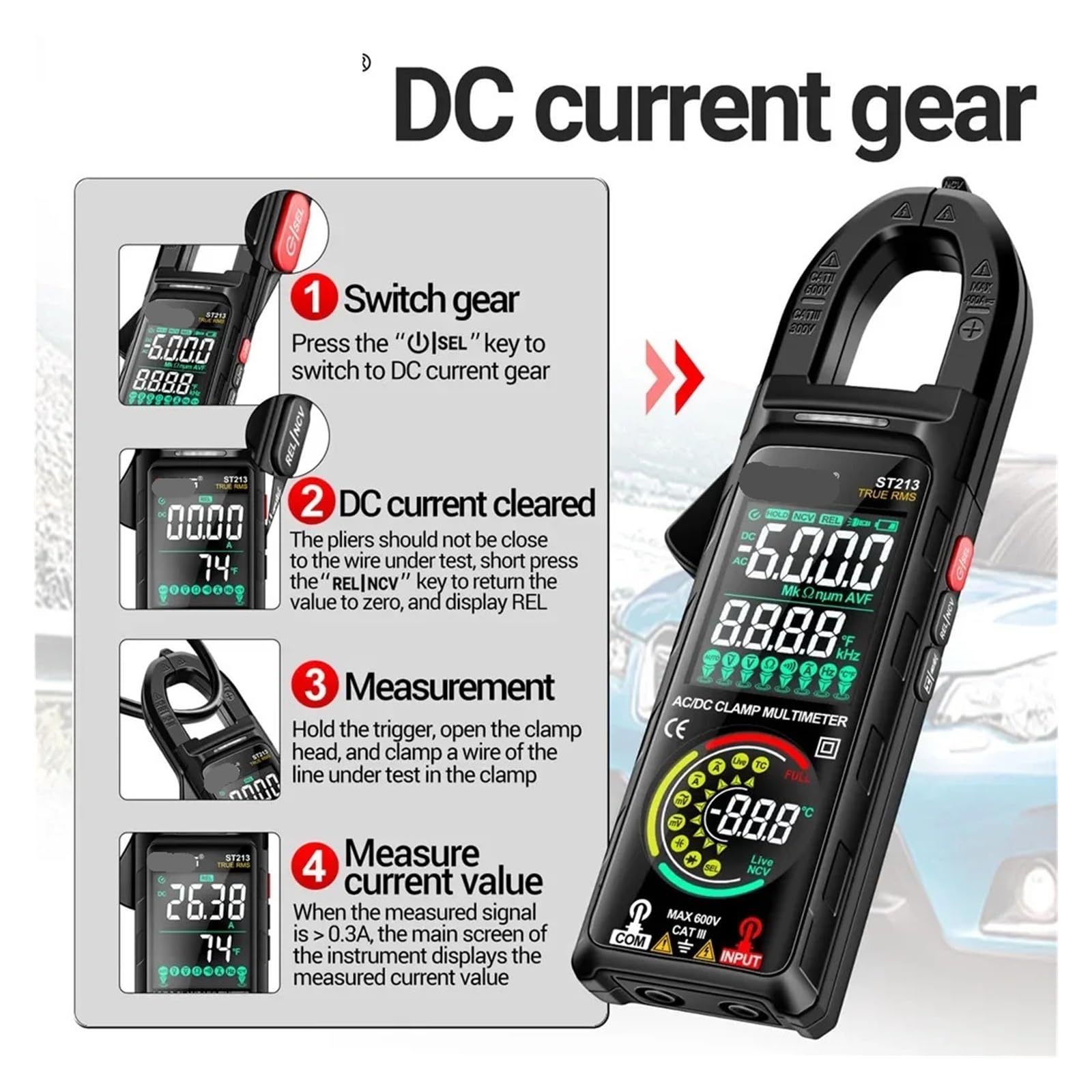 1 Stück Zangenmultimeter ST213 DC/AC Strom 400A Ampere Farb-Doppeldisplay Spannung + B05 Wort/Kreuz Schraubendreher Tester Werkzeuge(ST213 Black)
