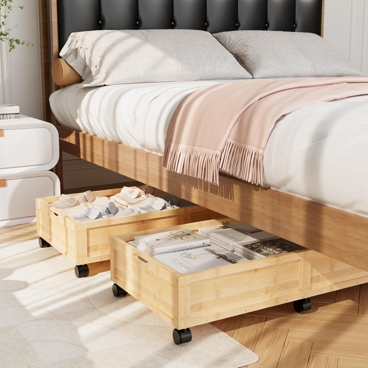 Wood Under Bed Storage Containers Underbed Organizer with Wheels with Large Capacity Dust Bag,Sturdy Wood Rolling Under Bed Shoe Storage Organizer 2 Packs (Nature, Large)