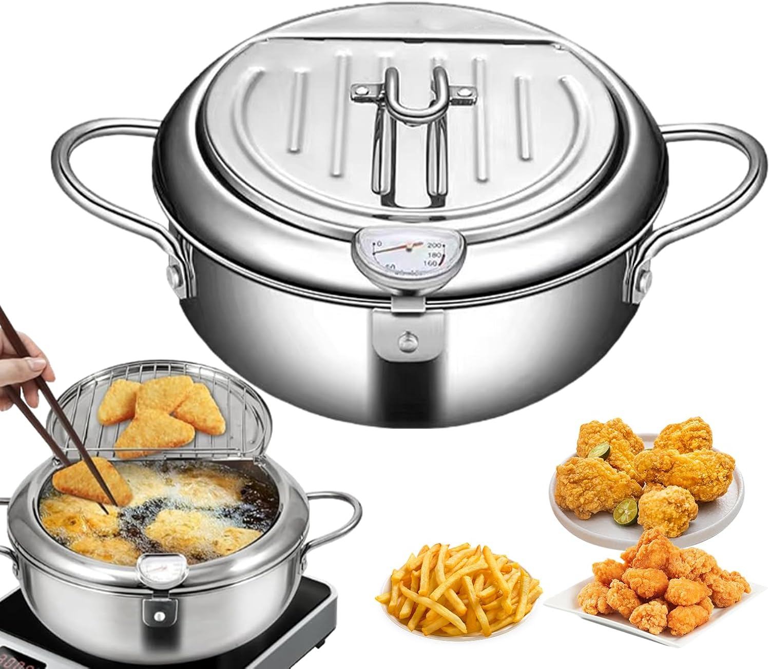Stainless Steel Oil Fryer | Household Induction Cooker With Thermometers | Stainless Steel Soup Pot Large Deep Fryer For Cooking Crispy Delicious French Fries
