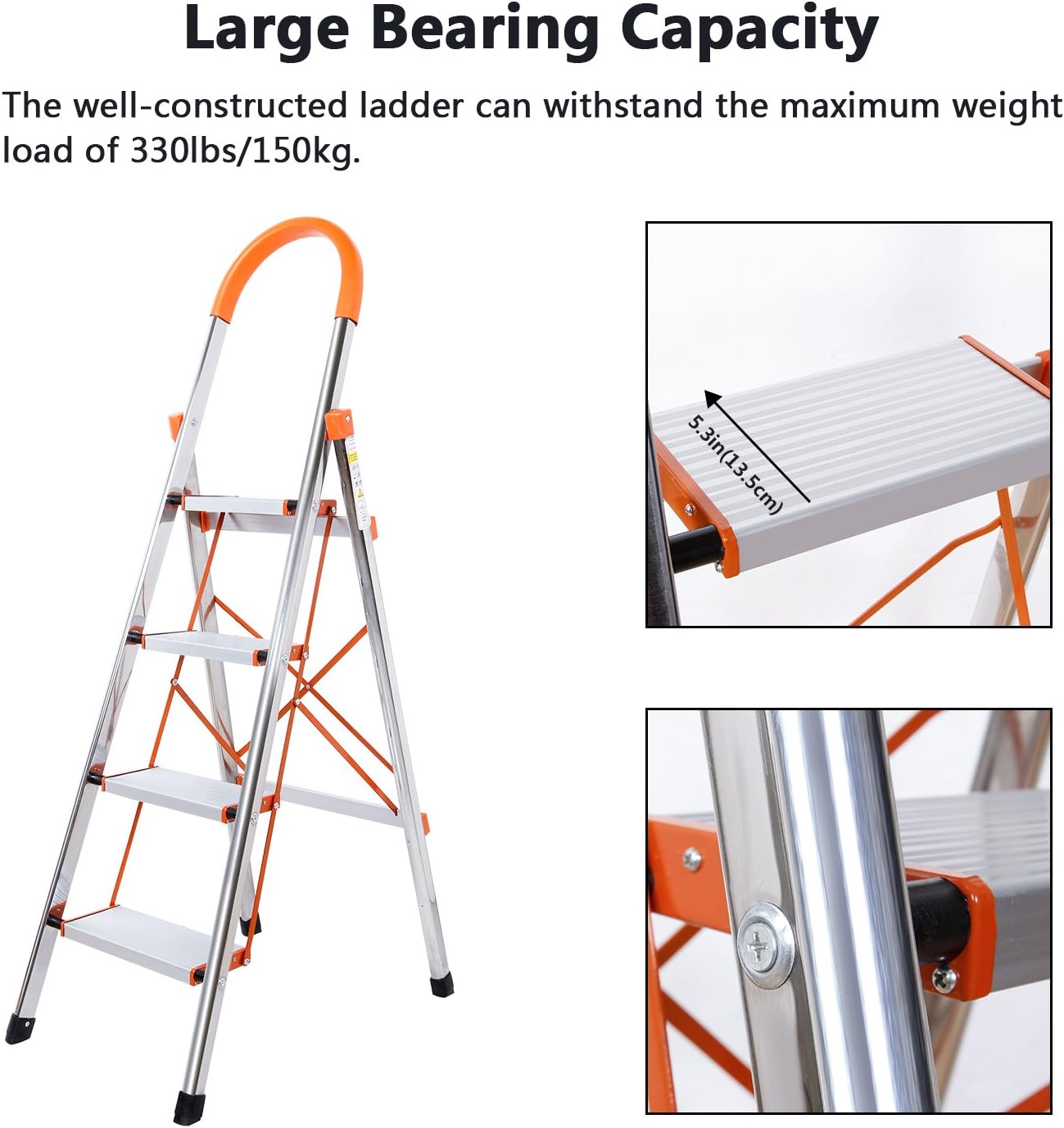 4-Step Stool Ladder Portable Folding Anti-Slip with Rubber Hand Grip 330lbs Capacity,Silver Household Stepladders