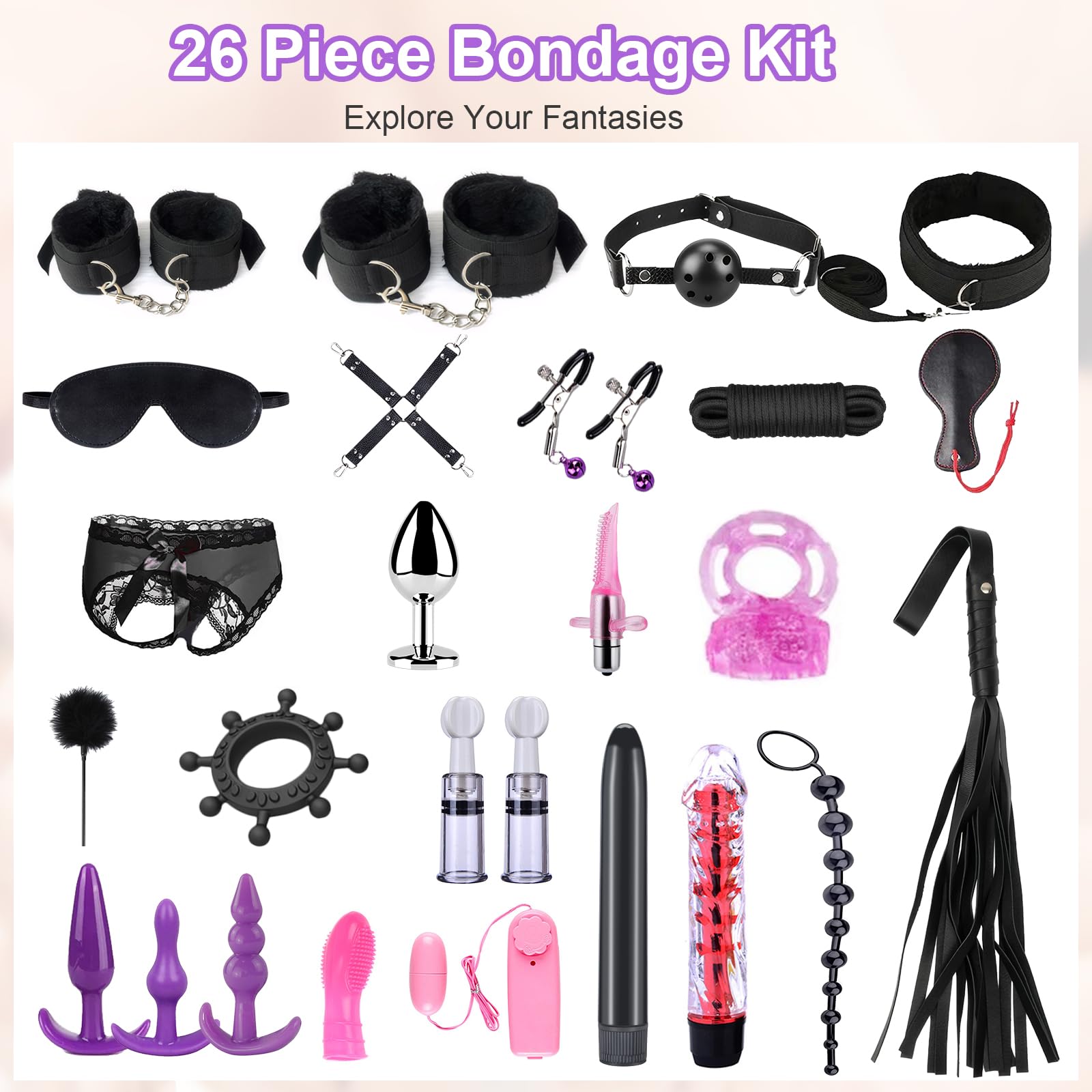 Kit de bondage SM Oziral de 26 piezas juego de bondage para cama BDSM juguetes sexuales para parejas juego BDSM para principiantes accesorios para mujeres con tapón anal juego sexual para pareja Negro