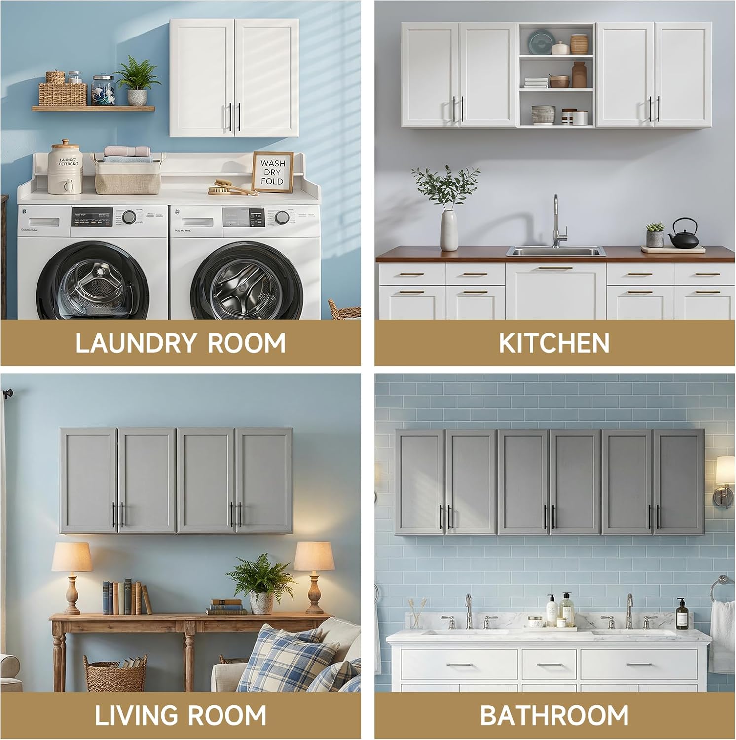 71" W Laundry Room Cabinets Wall Mounted, Upper Cabinets with Adjustable Shelf, Wall Storage Cabinet for Bathroom, Kitchen, Restroom, Over The Toilet Storage Cabinet, Grey, Set of 3