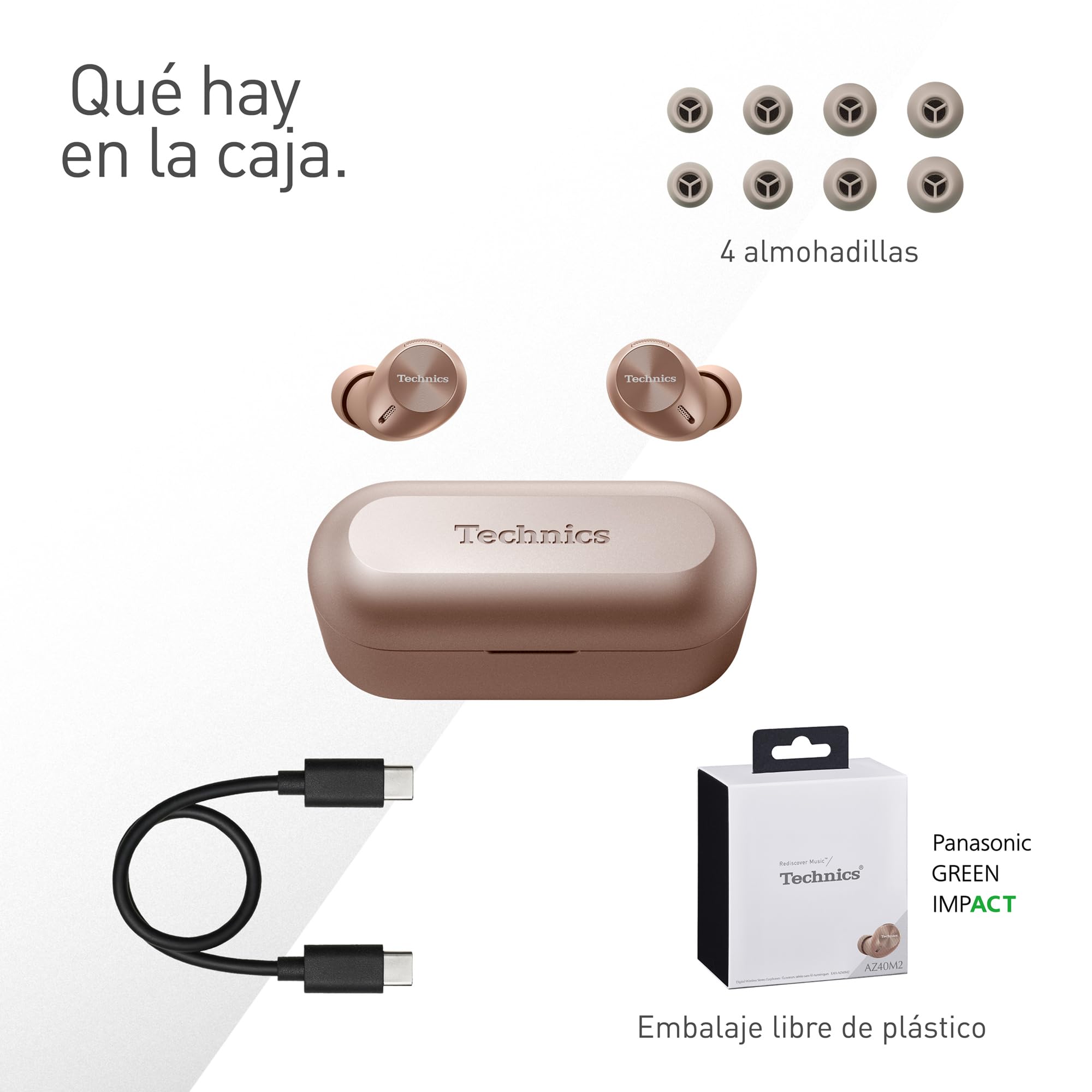 Technics EAH-AZ40M2EN Auriculares Inalámbricos con Cancelación De Ruido, Bluetooth Multipunto 3 Dispositivos, Cómodos Intraurales, Micrófono Integrado, Oro Rosa