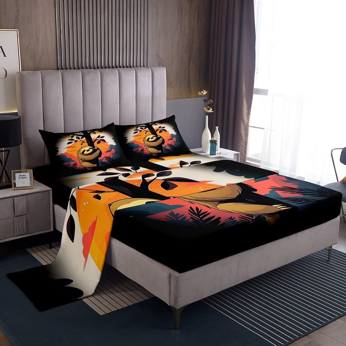 Manfei Cartoon Sloth Fitted Sheet Set Full Size 4 Pcs,Jungle Wild Animal Botanical Tree Leaves Teens Sheets,Watercolor Nature Sunset Bedding Sets (1 Fitted,1 Flat,2 Pillowcases) Bed Sheets