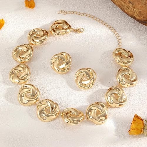 Miniatura 6 de GIGB PBDK Juego de collares y aretes de nudo irregular de oro grueso para mujer, aretes de tuerca geométricos vintage con flores trenzadas,