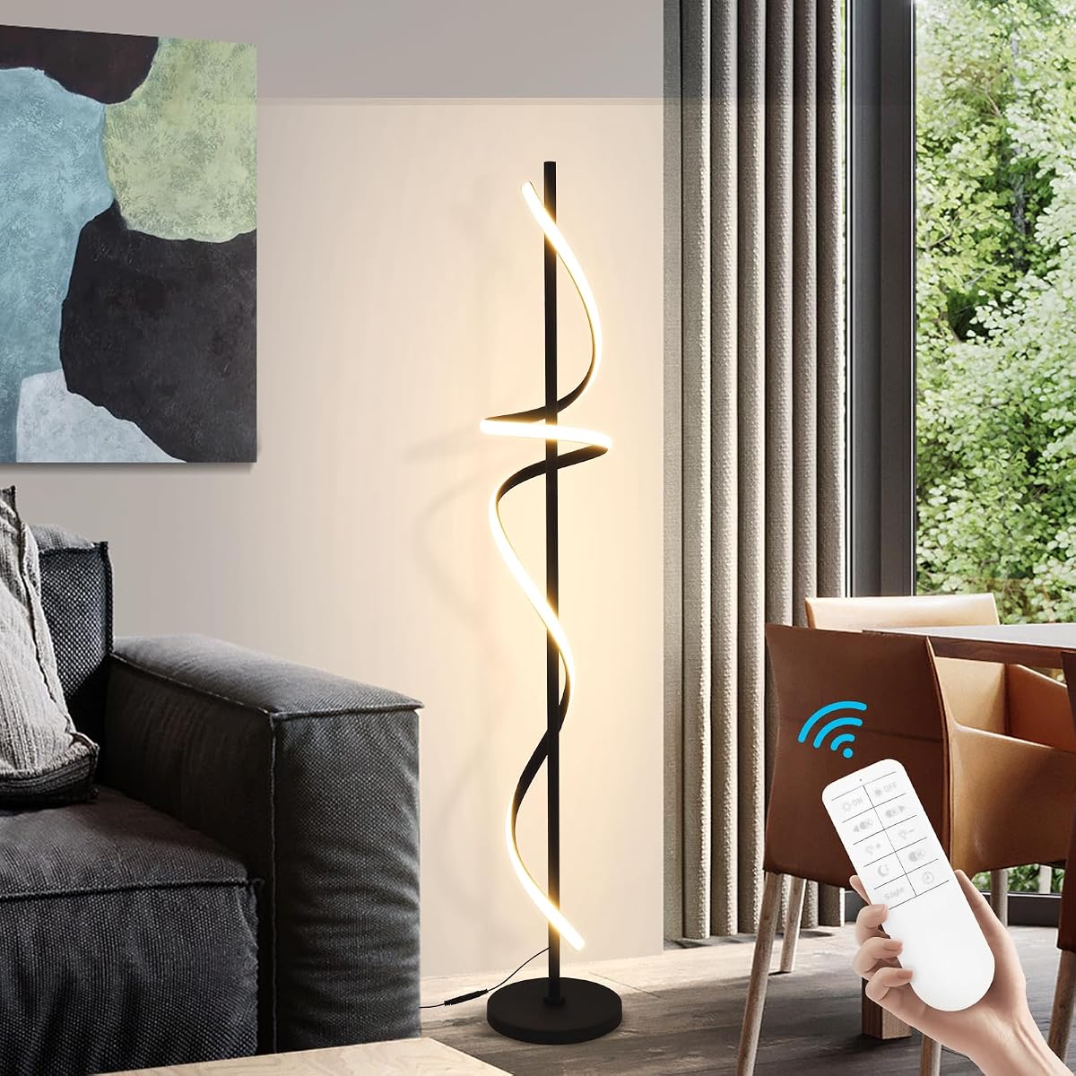 EIDISUNY Modern Spiral Floor Lamp, 48W LED, Dimmable, 60in Tall, Black, Model