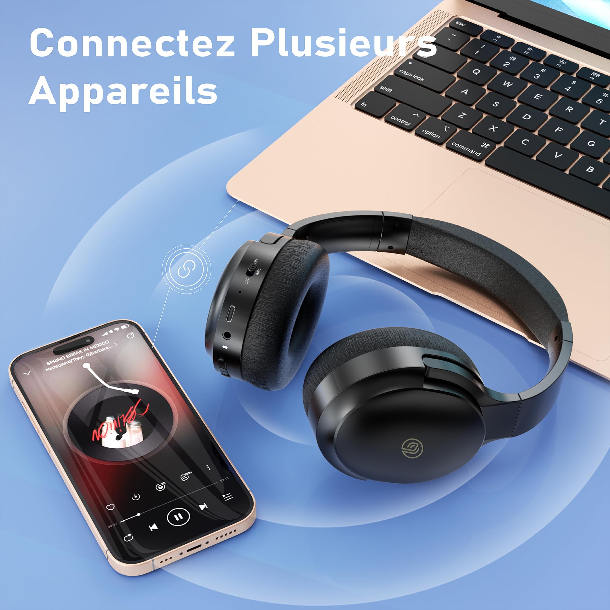 Casque Bluetooth sans Fil à Réduction de Bruit Active-Jusqu'à 80 Heures d'autonomie et Charge Rapide-avec Micro pour Appels Téléphoniques,Casque Over-Ear,Léger, Confortable et Pliable,Noir