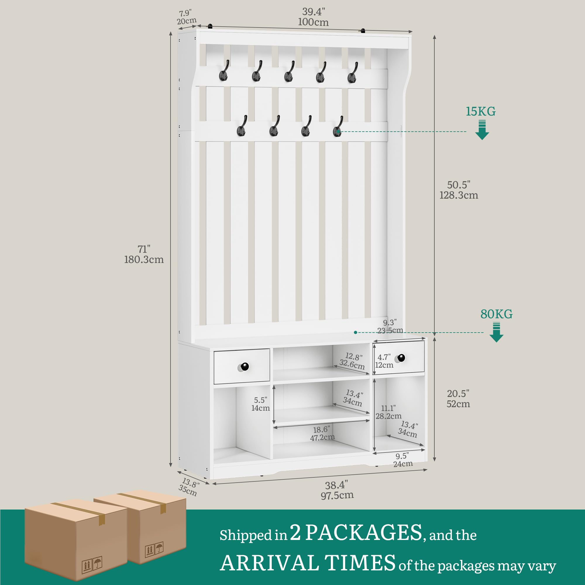 YITAHOME Perchero Entrada Recibidor con Banco, 35 x 100 x 180 cm Zapatero Entrada Recibidor, Perchero Zapatero, con 9 Ganchos y Almacenamiento, 2 Cajón de Tela, Pasillo Dormitorio Salón, Blanco