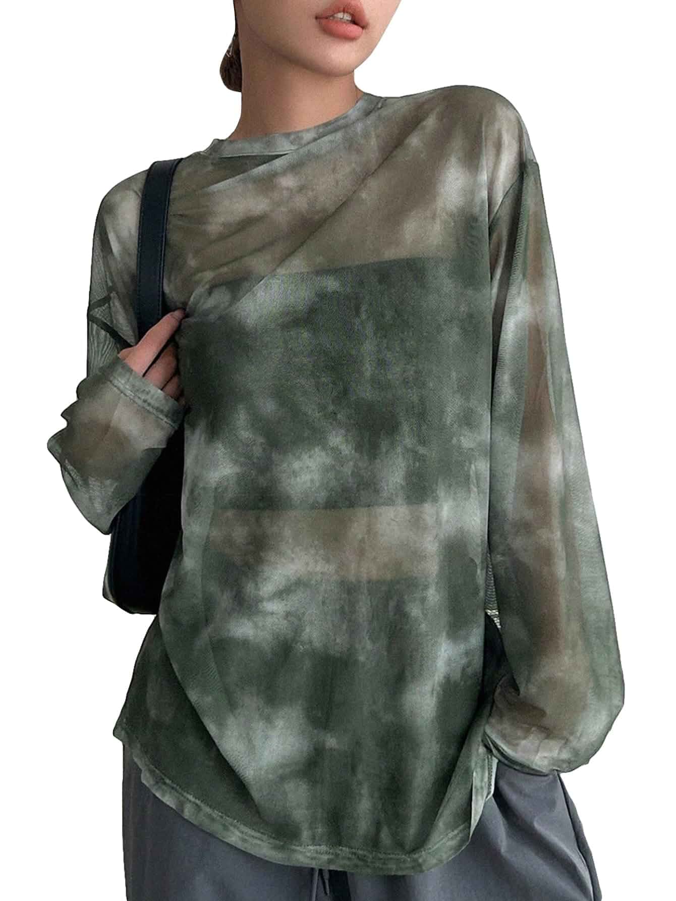 Verdusa Women's Y2k Tie Dye Sheer Mesh Top Long Sleeve Whimsical Clothes Oversized, Crew Neck, Stretchy, Lightweight, Goth, Rave Outfits, Witchy Clothes
