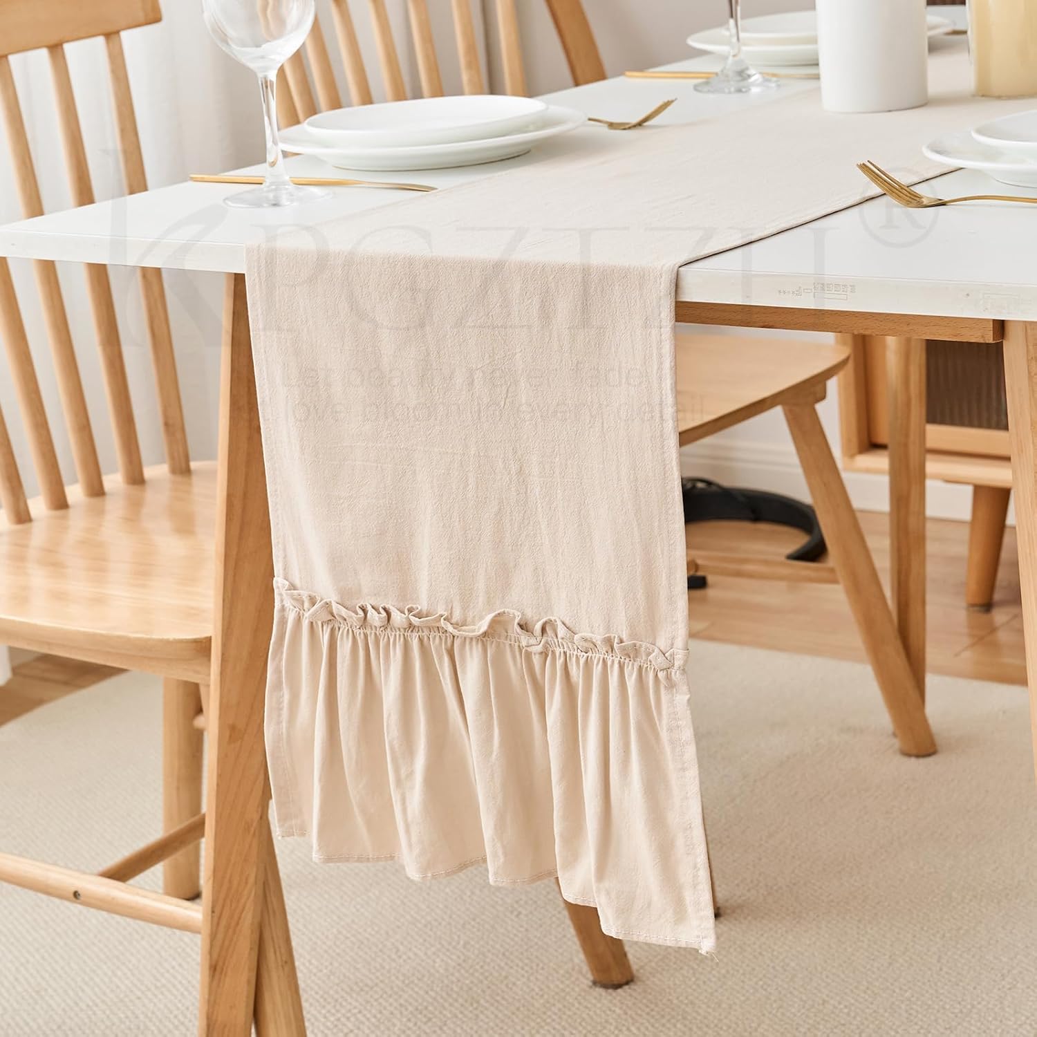 Beige Shabby Chic Ruffled Table Runner:Farmhouse Retro Table Runners for Table Decor Rustic Home Table Decoration,Cotton Tablecloth Flounces Trim for Wedding Christmas Decor 30x180cm(12x71inch)