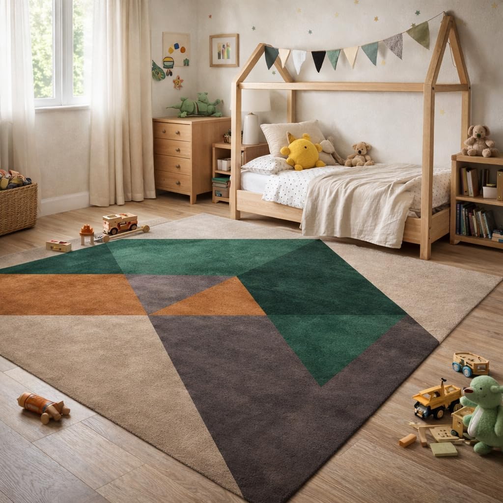 Hand-Tufted Wool Area Rug 7x10, Multicolor Geometric Modern Carpet for Living Room Bedroom, Soft Durable Decorative Floor Rug